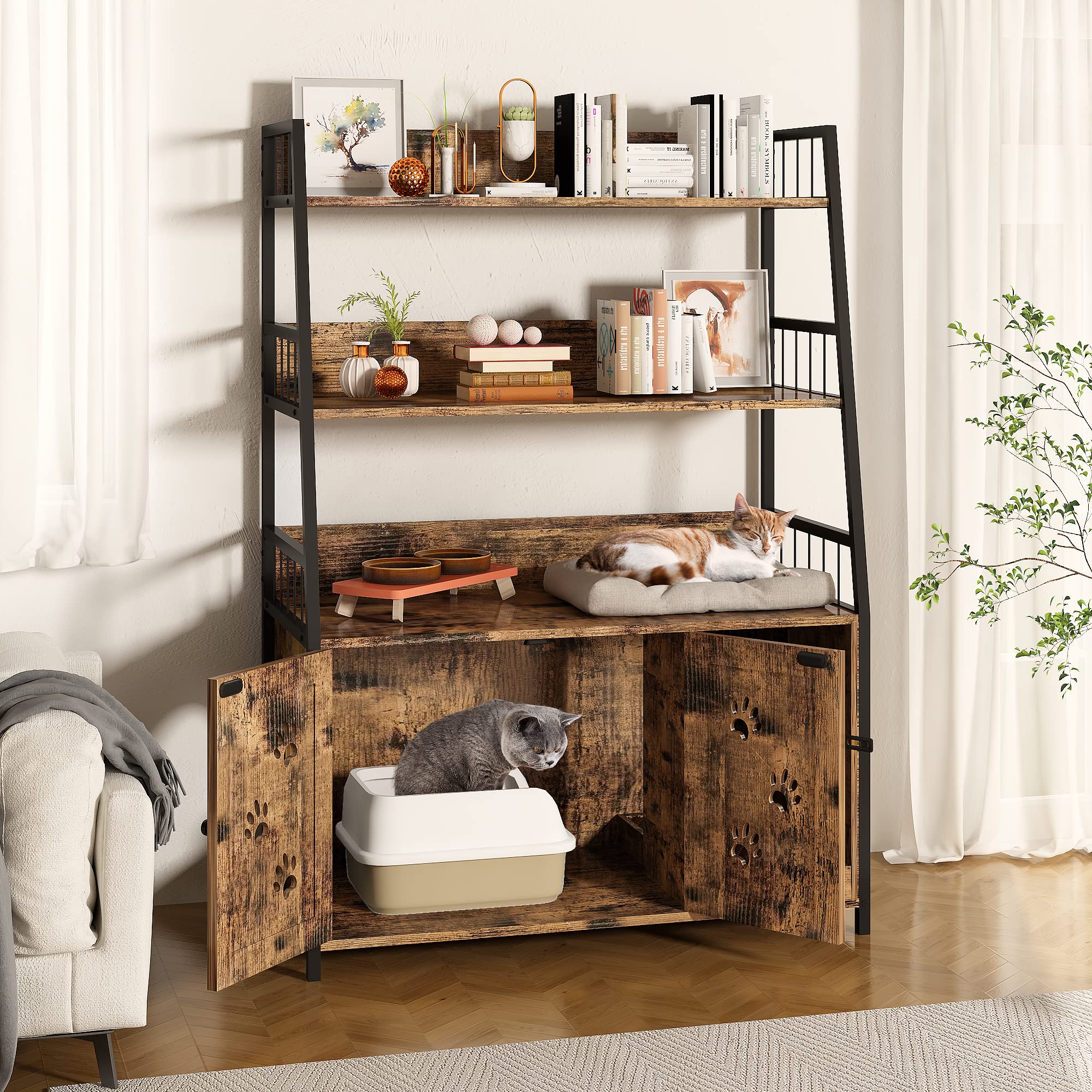 Large Cat Litter Box Enclosure with Storage Shelf - Hidden Cat Washroom Furniture - Wooden Cat House with Scratching Pad - Sturdy 2-Door Indoor Cat Cabinet in Rustic Brown - Perfect for Small Spaces & Multi-Cat Homes
