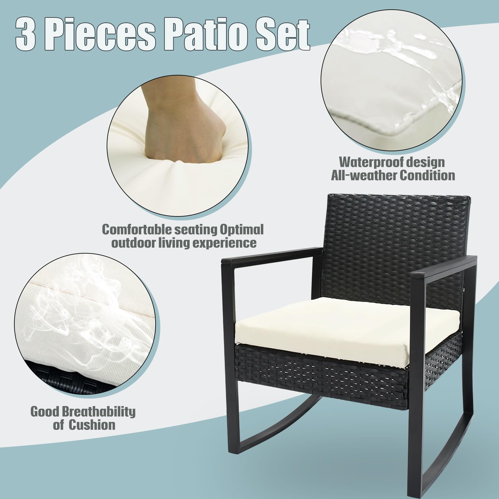 3-Piece Outdoor Patio Furniture Set - All-Weather Wicker Rattan Chairs with Glass Table for Poolside, Garden, Porch | Perfect for Backyard Relaxation, Bistro Dining & Outdoor Entertaining