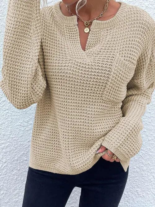 Notched Long Sleeve Sweater for Women - Cozy Knit Pullover with Ribbed Cuffs - Perfect for Fall & Winter Layering, Office Wear and Casual Outfits