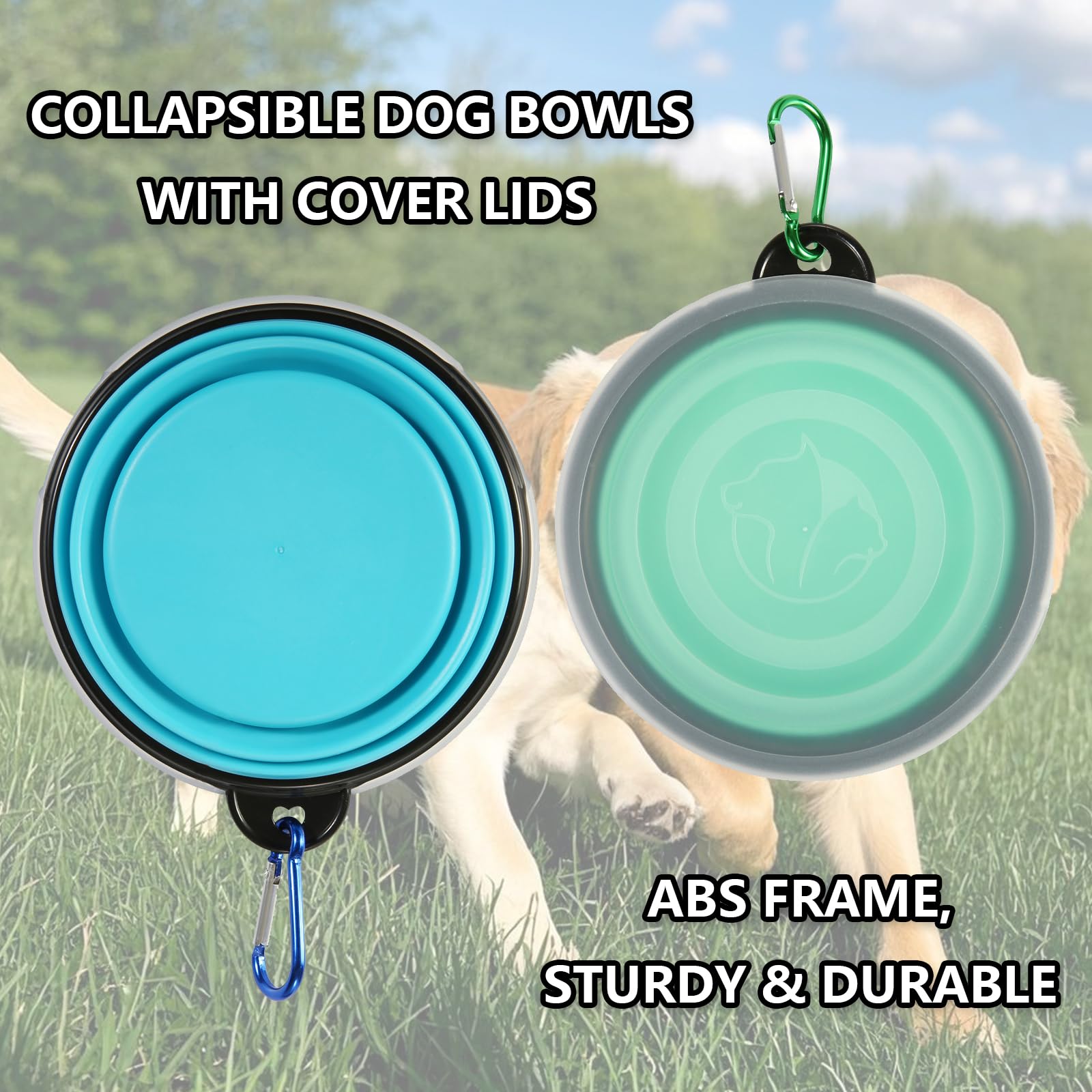 SLSON 2-Pack Collapsible Pet Bowls with Lids - Portable Foldable Dog & Cat Food and Water Dish for Travel, Walking, Camping, Hiking (Light Blue & Green, Small) - Perfect for Outdoor Adventures and Daily Use