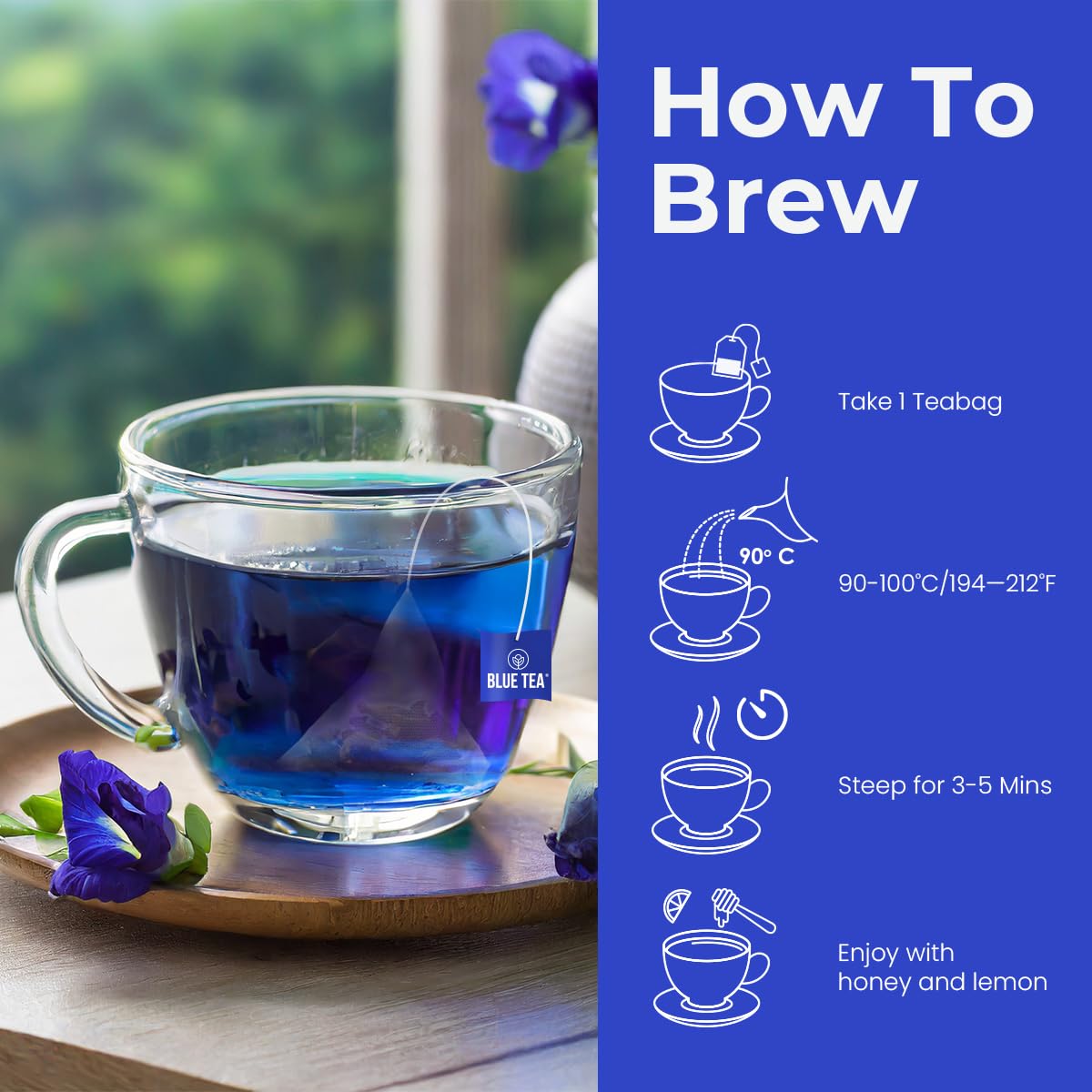 Organic Blue Butterfly Pea Flower Tea with Lavender - 30 Pyramid Tea Bags | Antioxidant Rich Herbal Tea | Caffeine Free, Vegan, Gluten Free, Non-GMO | Detox & Relaxation | Perfect for Stress Relief, Meditation & Wellness Rituals | Eco-Friendly Tin Packaging