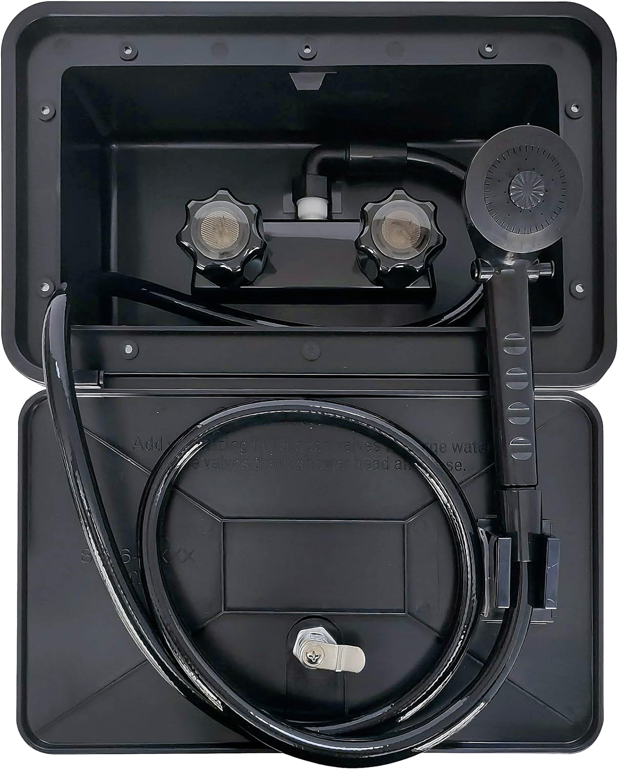 RV Exterior Shower Box Kit with Faucet, Head & Hose - Portable Outdoor Shower for Camper, Trailer, Motorhome & Boat - Perfect for Camping, RV Trips & Marine Use (Black)