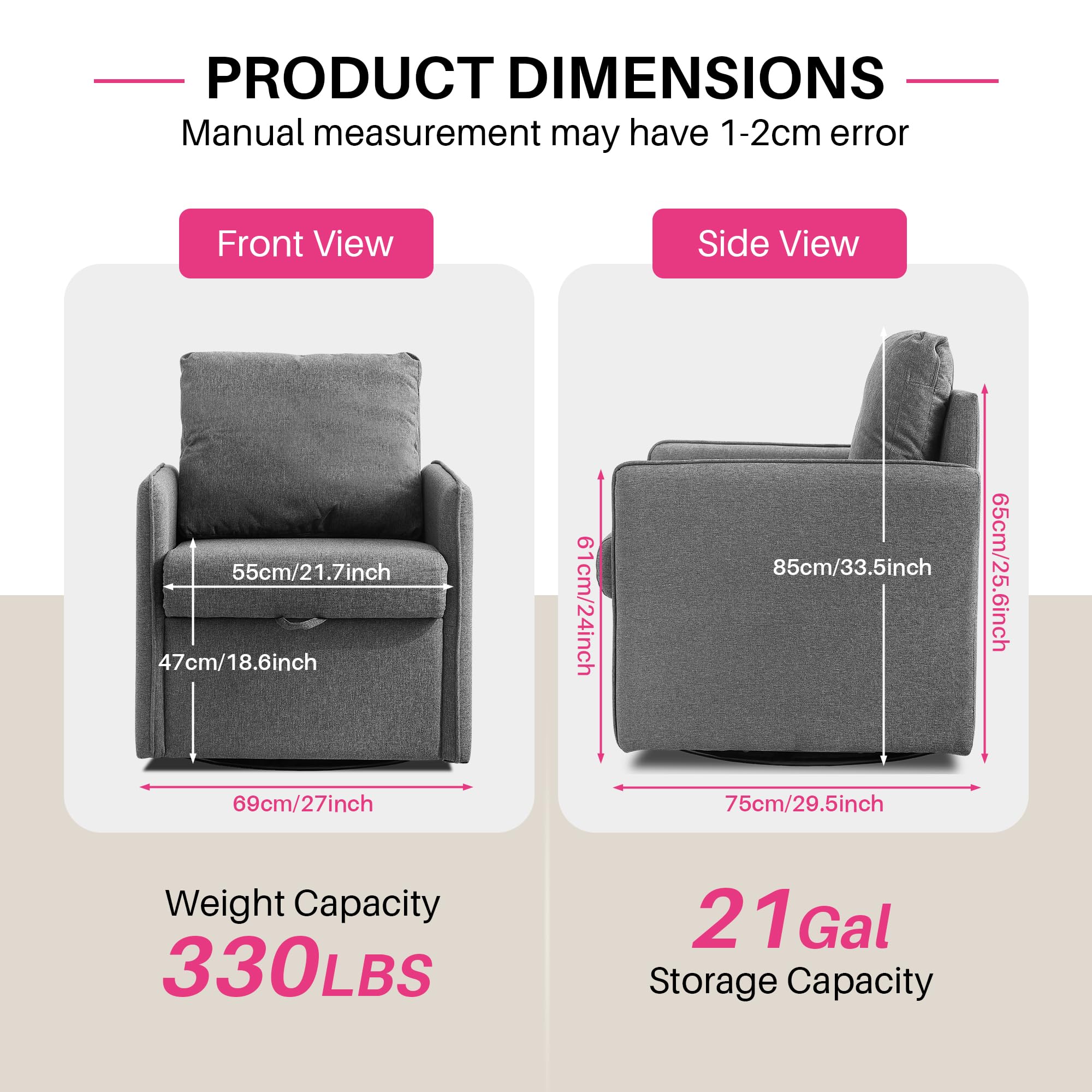 Redlife 360° Swivel Accent Chair Set of 2 with Storage - Mid Century Modern Upholstered Fabric Lounge Chairs for Living Room, Bedroom, Office (Gray) - Perfect for Small Spaces, Reading Nooks & Home Decor
