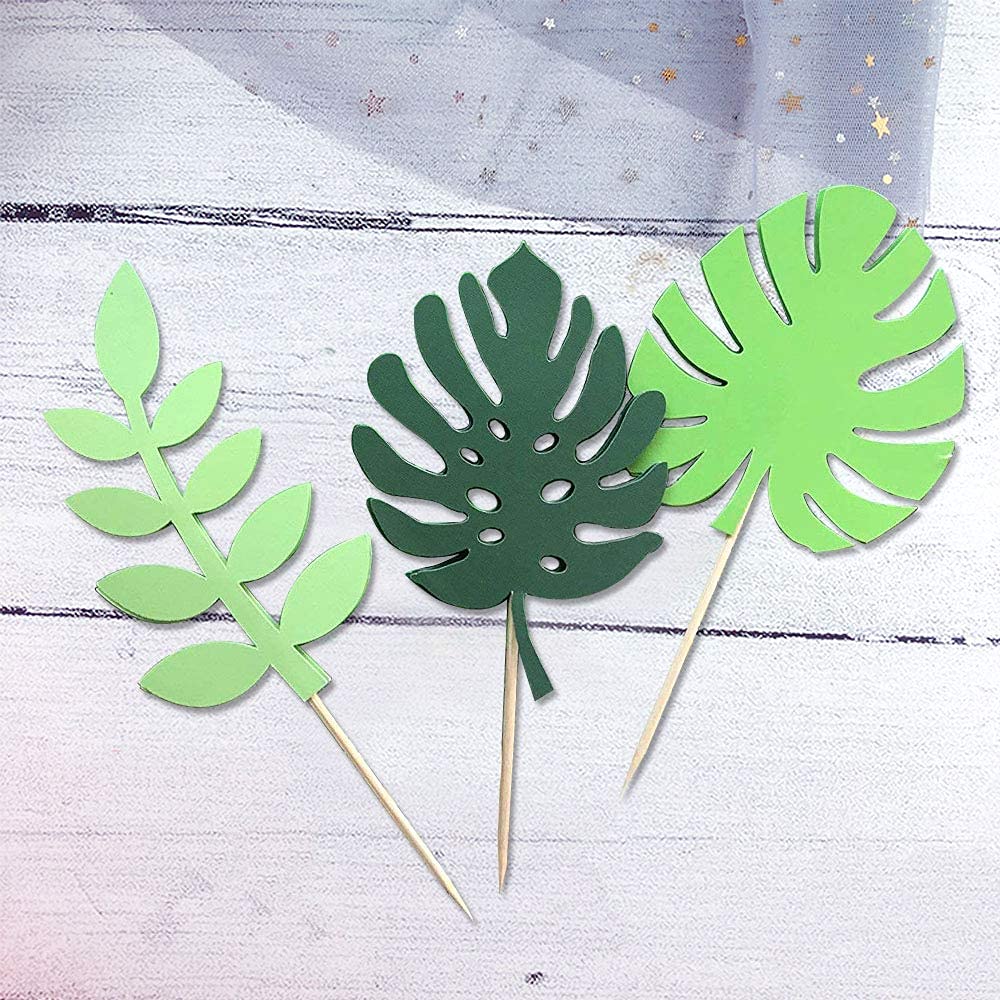 LaVenty Set of 7 Glittery Tropical Leaves Cake Toppers - Elegant Palm Leaf Wedding Cake Decorations for Tropical Theme Parties, Bridal Showers & Birthday Cakes