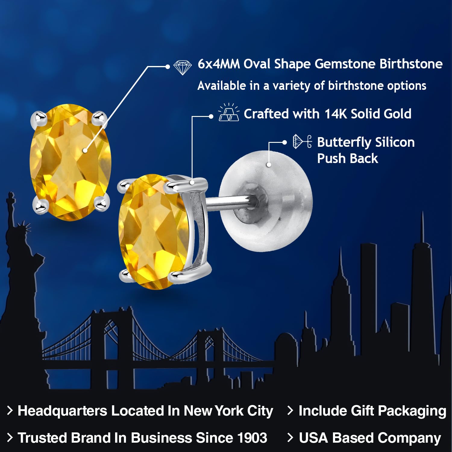 14K Gold Oval Gemstone Birthstone Stud Earrings for Women & Men | 6x4mm Oval Cut | Fine Jewelry Gift for Her, Mom, Wife | Anniversary, Birthday, Christmas Present