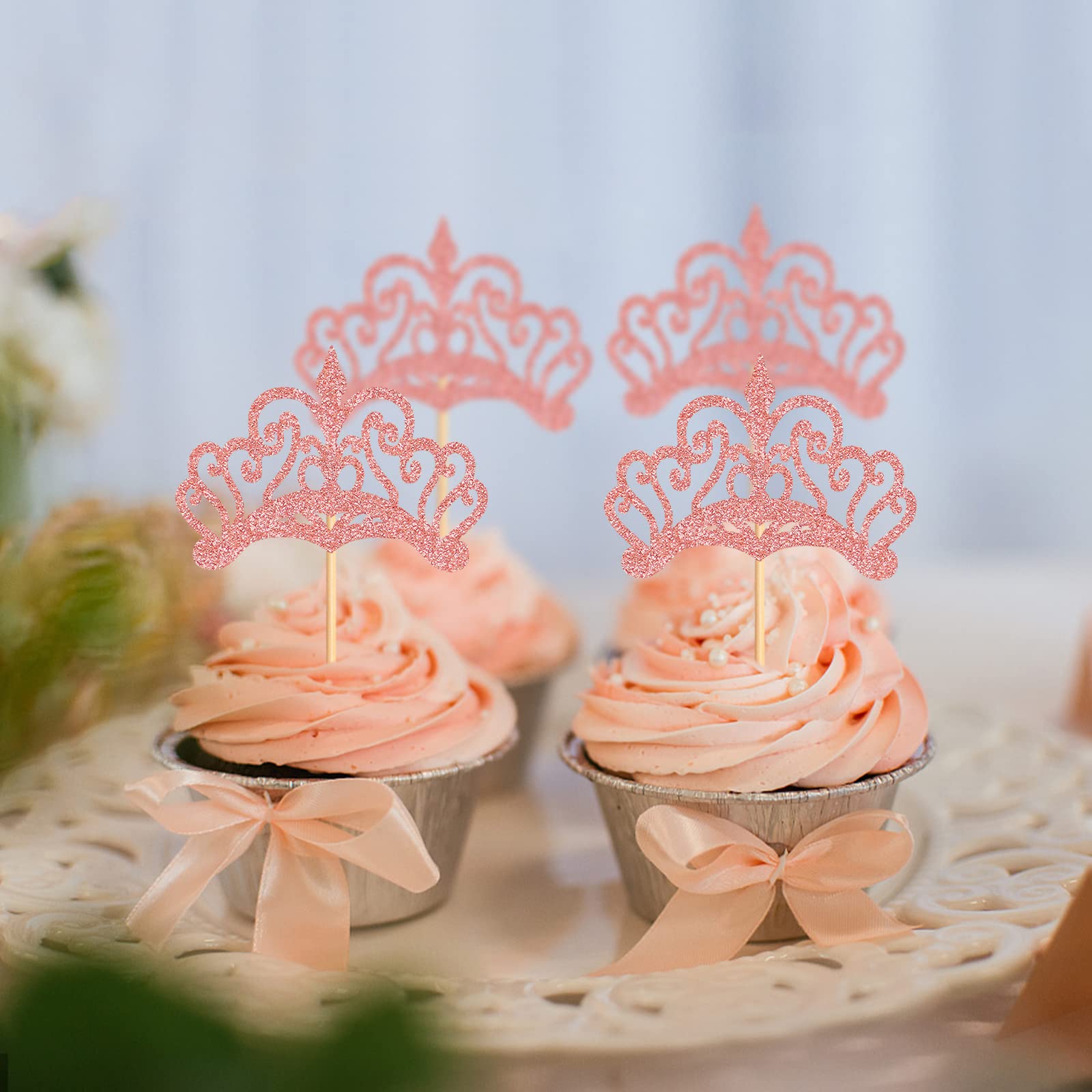 24 Pack Princess Crown Cupcake Toppers - Rose Gold Cupcake Picks for Royal Baby Showers, Birthday Parties & Princess Themed Decorations - Perfect for Wedding, Bridal Shower & Kids Birthday Cake Decorating