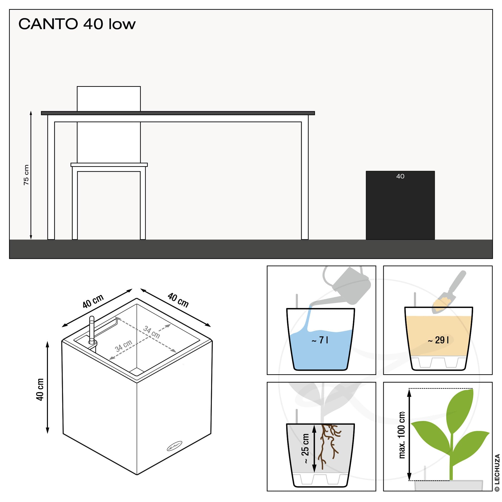 Lechuza Canto Stone Self-Watering Planter - 16 Inch Modern Indoor Outdoor Flower Pot with Automatic Irrigation System, Grey - Perfect for Home, Office, Patio and Garden Decor