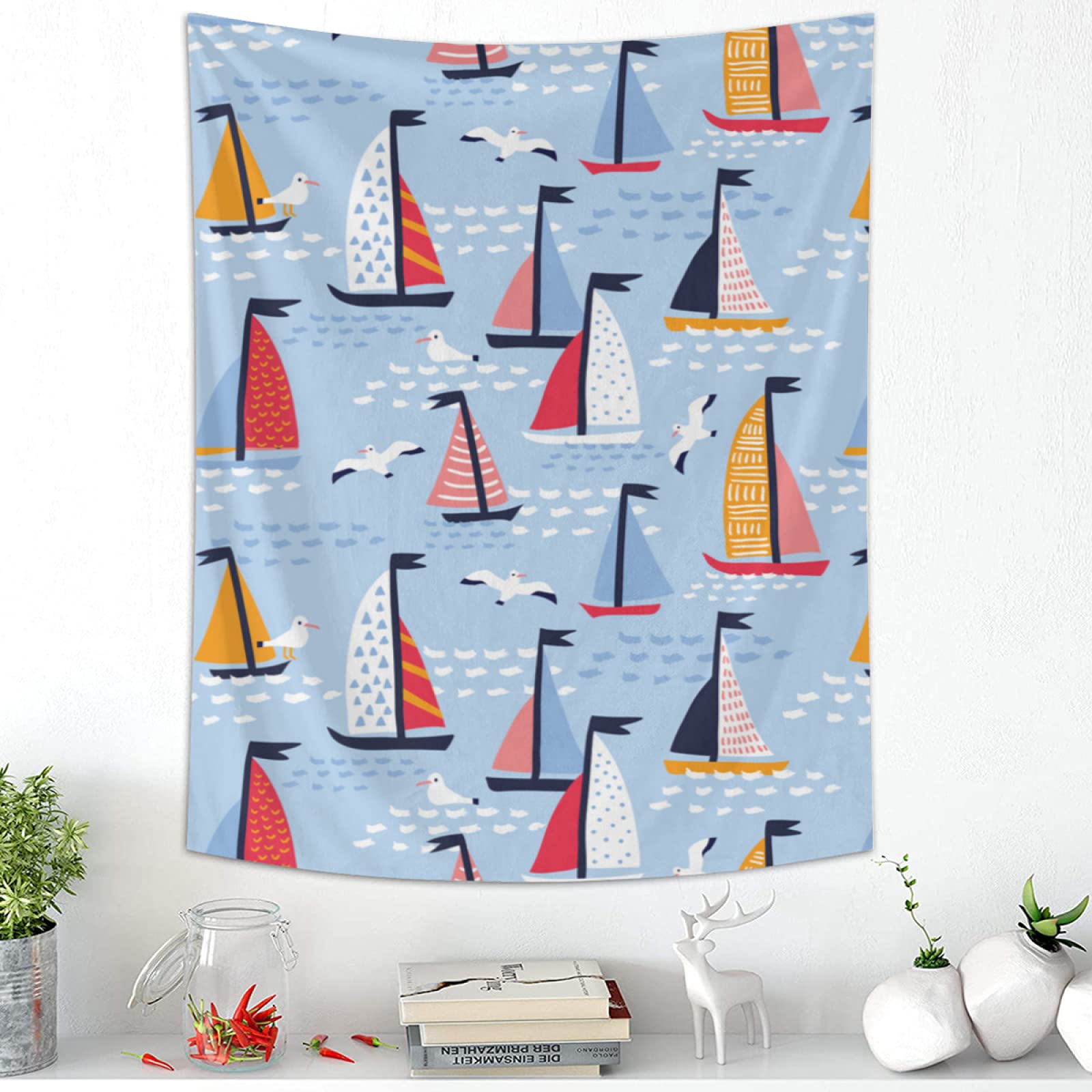 Hand-Painted Sailboat & Seagull Tapestry Wall Hanging - 40x60 Inch Tropical Beach Decor for Bedroom, Living Room - Aesthetic Polyester Wall Art for Boho, Coastal & Home Decoration