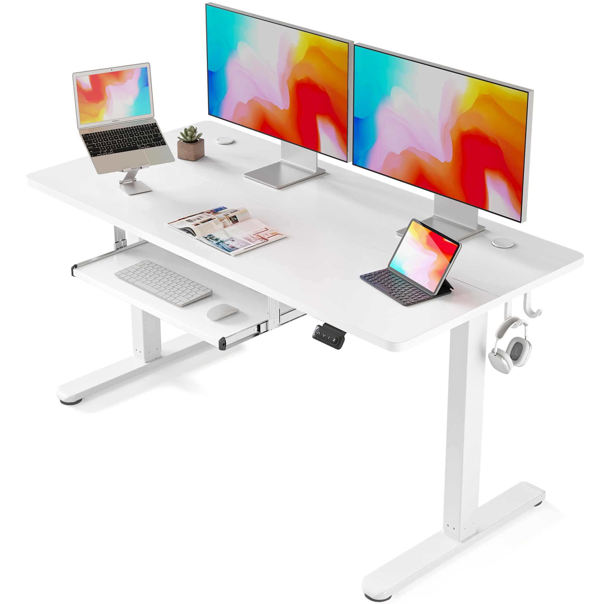 FEZIBO 55 x 24 Inches Electric Height Adjustable Standing Desk with Keyboard Tray - White Sit Stand Office Desk for Home & Workspace - Perfect for Remote Work, Gaming & Computer Setup