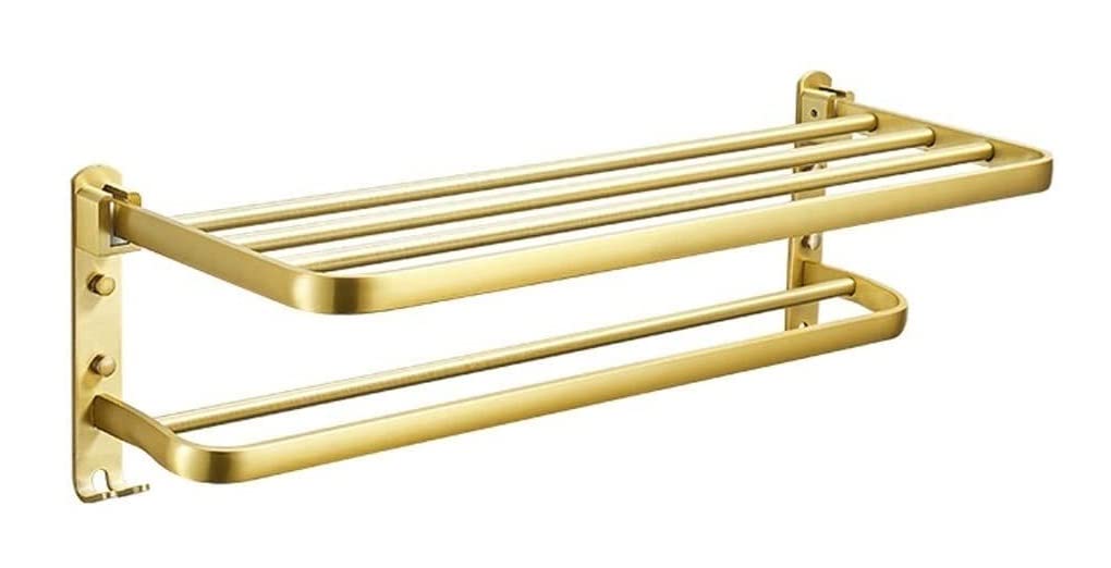 WWAGO 2-Tier Foldable Aluminum Bathroom Towel Rack - Space Saving Wall Mounted Towel Holder for Home & Hotel - No Drill Installation (Gold) - Perfect for Small Bathrooms, Kitchens & Laundry Rooms