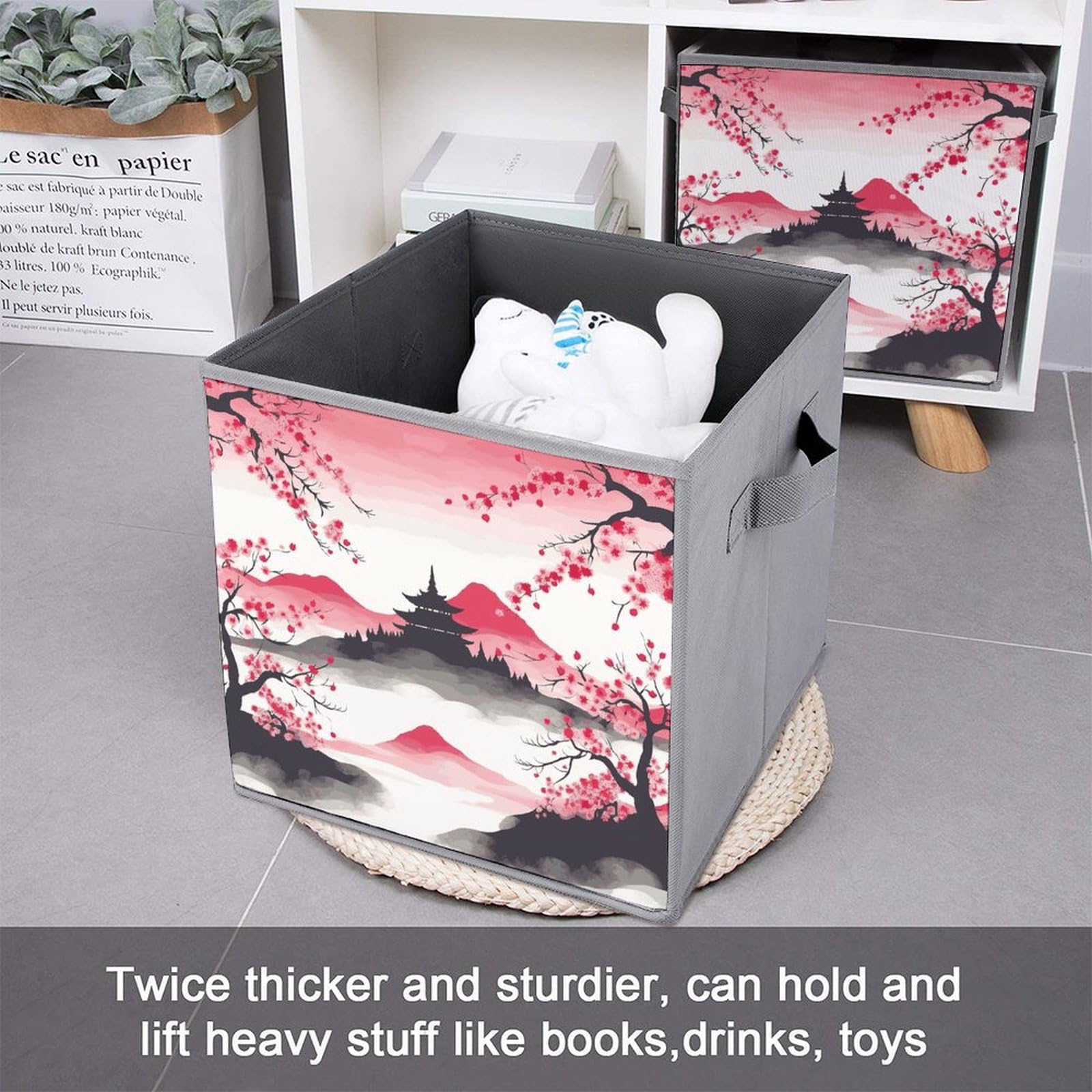 6-Piece Collapsible Storage Bins with Cherry Blossom & Mount Fuji Print - Foldable Storage Containers with Handles for Home Organization, Closet, Pantry, Nursery & Office Shelves | Space-Saving Multi-Purpose Storage Boxes & Baskets