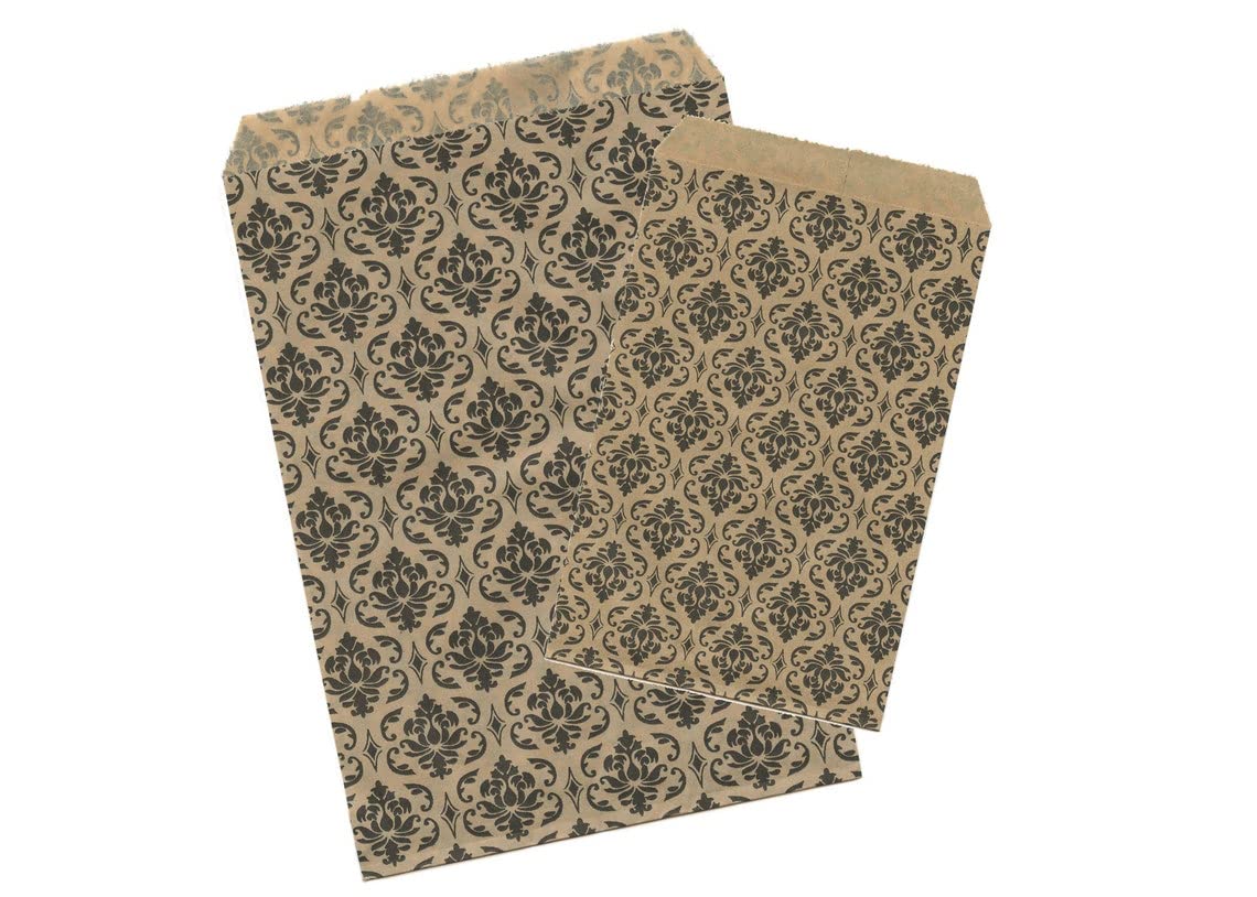 200 Pcs Brown & Black Damask Paper Gift Bags - 8.5