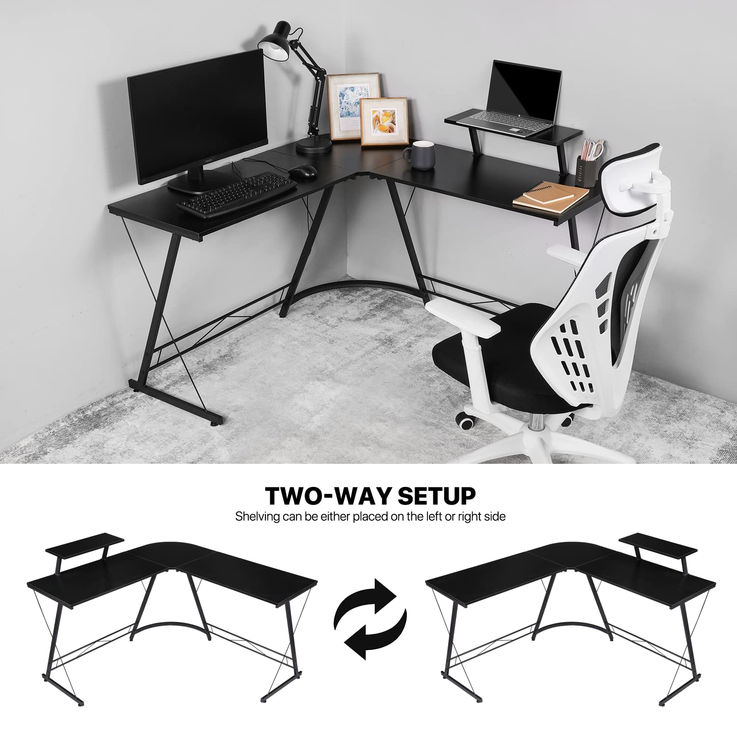 MoNiBloom L-Shaped Gaming Desk with Metal Frame - Corner Computer Desk for Home Office, Study & Gaming - Space-Saving L-Shaped Workstation (Black) | Perfect for Small Rooms, Streaming Setup & Multi-Monitor Gaming Stations