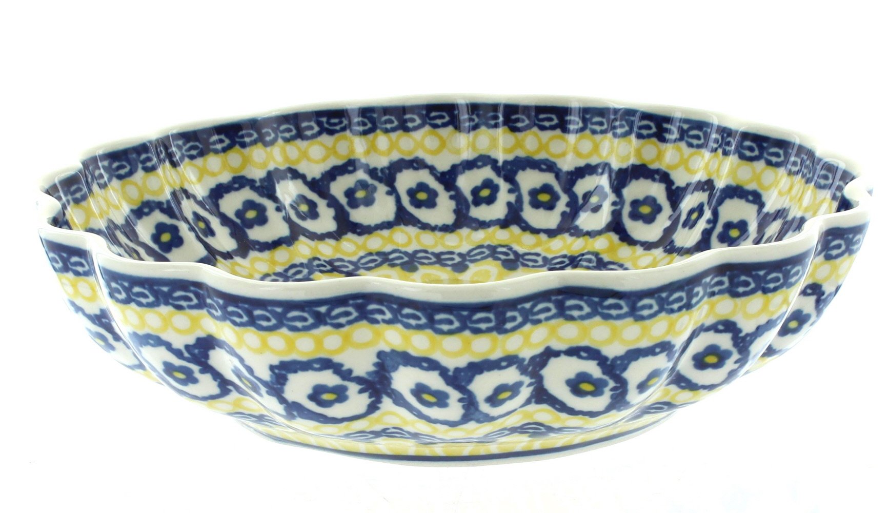 Handmade Blue Rose Polish Pottery Saffron Scalloped Serving Dish - Elegant Medium Bowl for Spices, Nuts & Desserts - Perfect for Dinner Parties & Home Decor