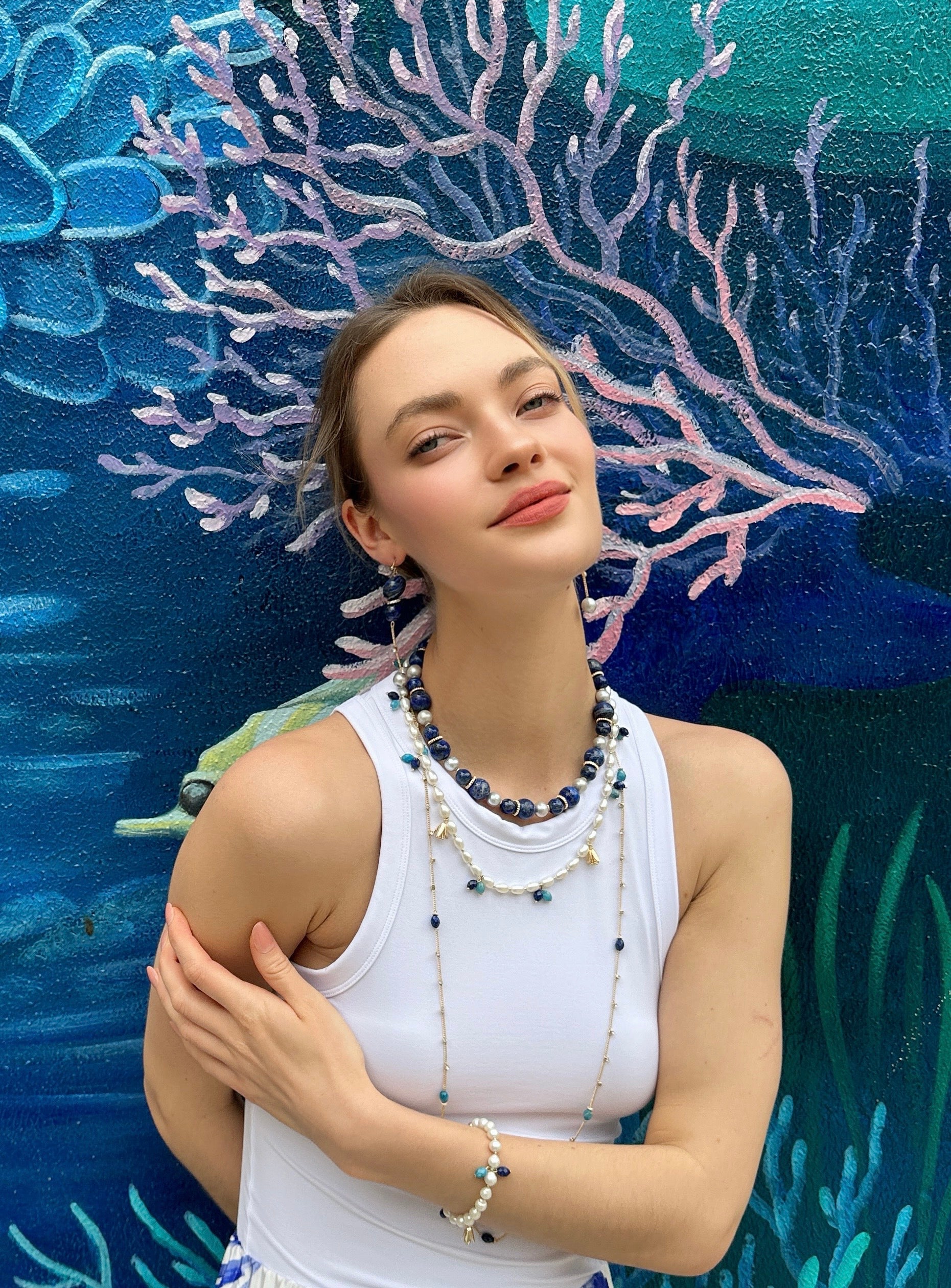 Stylish Blue Lapis & Gray Freshwater Pearl Dangle Earrings LE027 - Elegant Jewelry for Women, Perfect for Parties, Weddings & Special Occasions