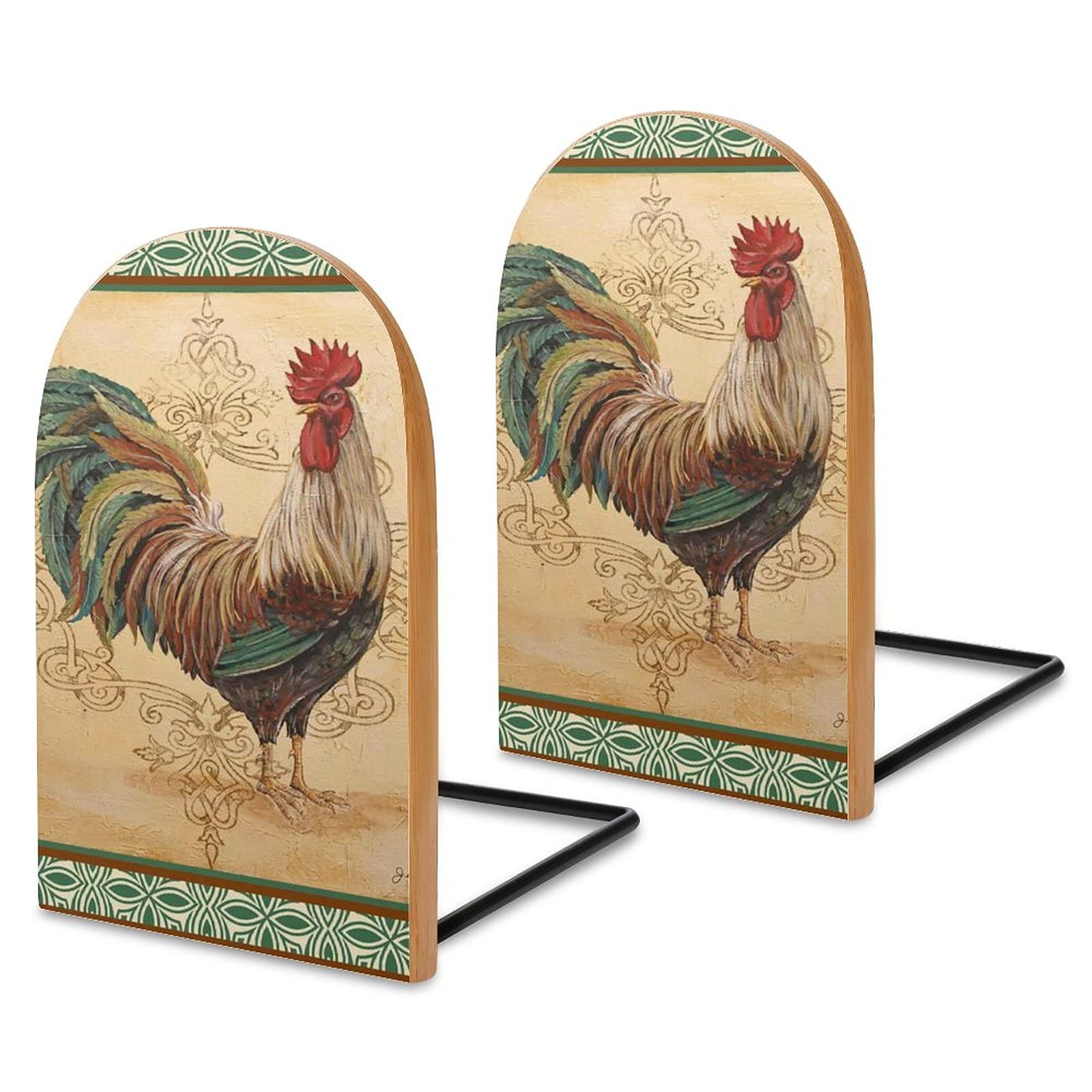 Decoupage Print Rooster Wooden Bookends - Handmade Desktop Book Stand & Books Holder for Home Office, Library, School, Study, Bedroom Decor - Perfect for Organizing Books, Displaying Collectibles, and Adding Farmhouse Charm to Any Room