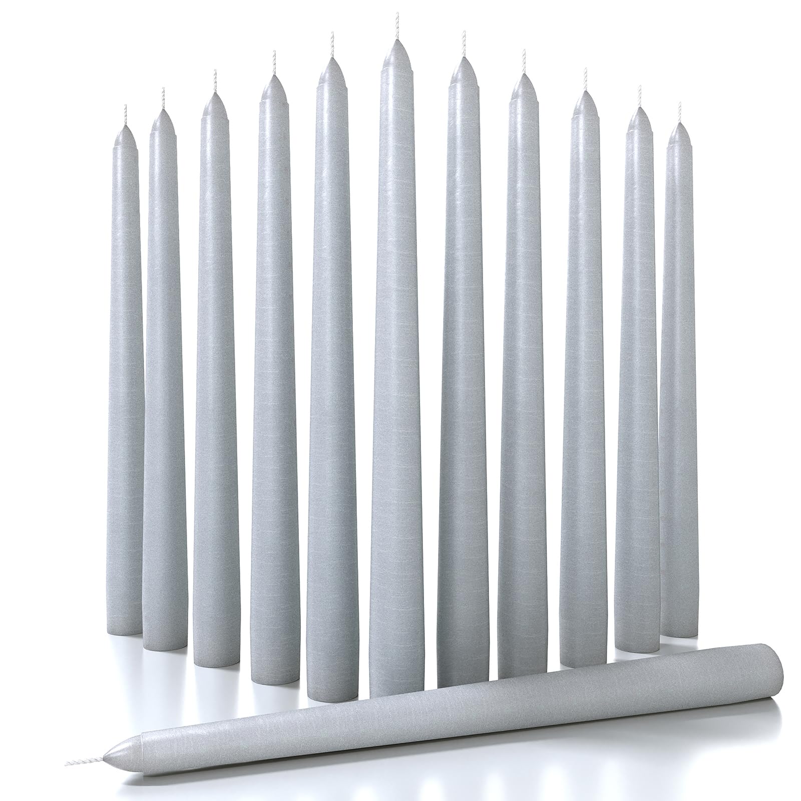 CANDWAX 12 Inch Unscented Taper Candles - Set of 12 Dripless Smokeless Slow Burning Candlesticks in Light Gray for Dining Table, Wedding Decor & Romantic Ambiance