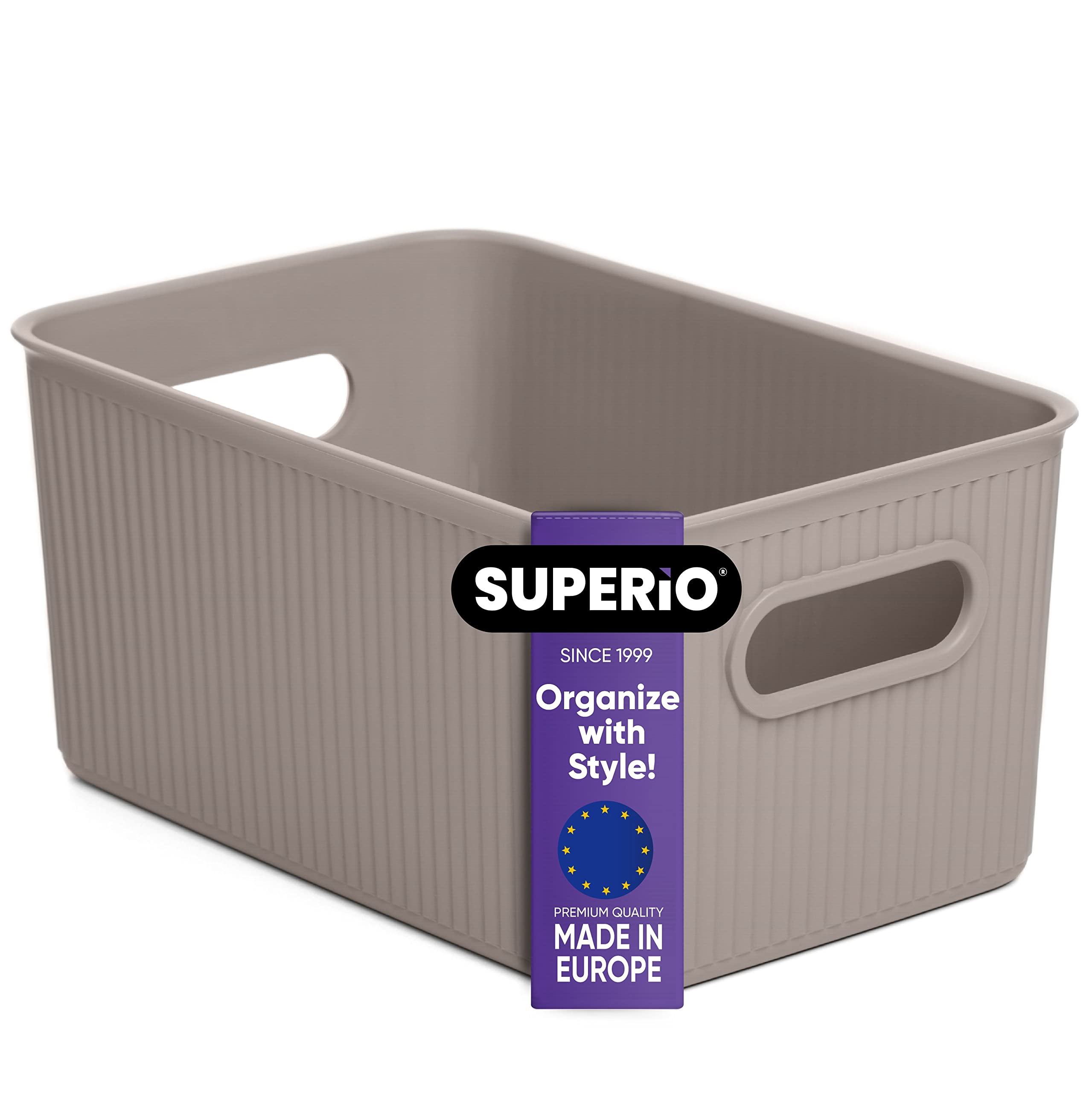 Superio Ribbed Collection - Decorative Plastic Open Storage Bins & Organizer Baskets (1 Pack, Medium Taupe, 5L) - Perfect for Closet, Shelf, Drawer & Home Organization - Ideal for Bedroom, Bathroom & Office Storage Solutions