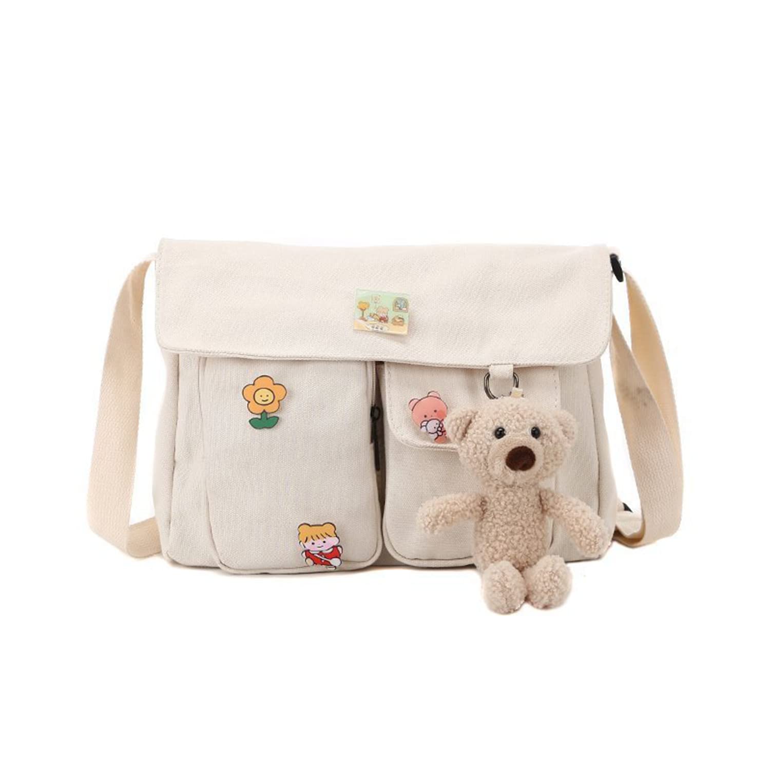 Stylish Kawaii Canvas Crossbody Bag with Japanese Anime Pins & Pendant - Cute Aesthetic Messenger Shoulder Bag for Women | Perfect for Casual Outings, Anime Conventions & Daily Use (A01)