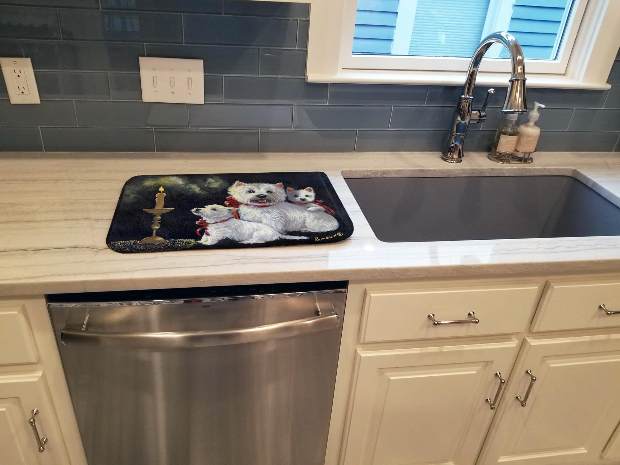 Westie's Aglow Absorbent Dish Drying Mat - 14 x 21 Inch Multicolor Kitchen Counter Pad | Non-Slip Dish Drainer Mat for Countertops | Perfect for Drying Dishes, Utensils & Cookware