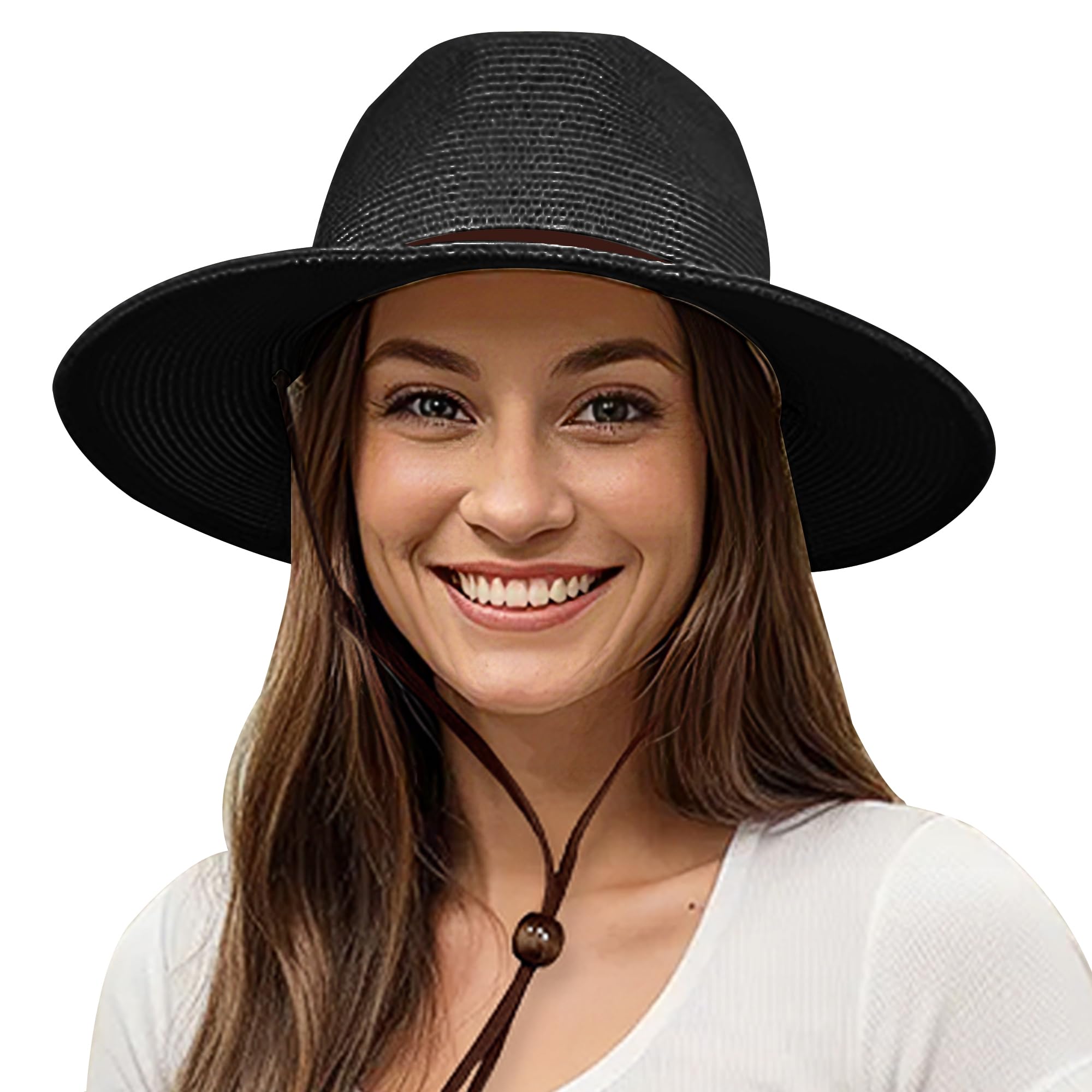 Lanzom Women's Straw Hat - Wide Brim Panama Fedora Beach Hat with Wind Lanyard, UPF 50+ Sun Protection - Perfect for Summer Vacations, Pool Parties & Outdoor Adventures