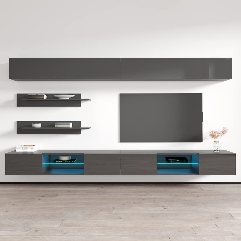 Modern Gray Wall-Mounted TV Stand with Storage Shelves & LED Lights - Floating Entertainment Center Console for Living Room & Bedroom - Perfect for Small Spaces & Home Theater Setups