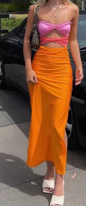 Y2K Patchwork Strapless Bodycon Dress for Women - Sexy Hollow Out Sleeveless Backless Summer Beach Party Club Dress | Perfect for Night Out, Vacation & Date Night