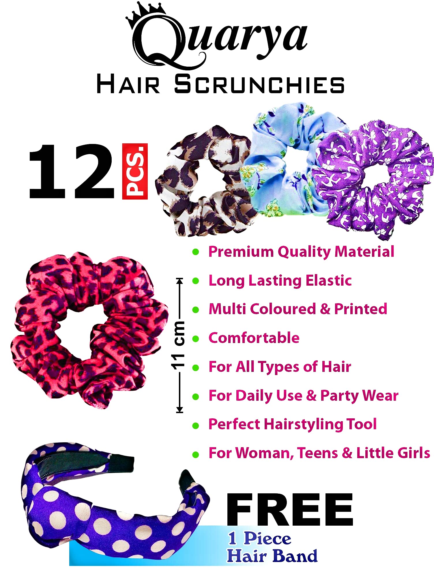 Quarya Elastic Hair Scrunchies for Women & Girls - 12 Pack Colorful Printed Hair Ties + 1 Free Hair Band - Soft Fabric Hair Accessories for Ponytail, Bun & Everyday Styling