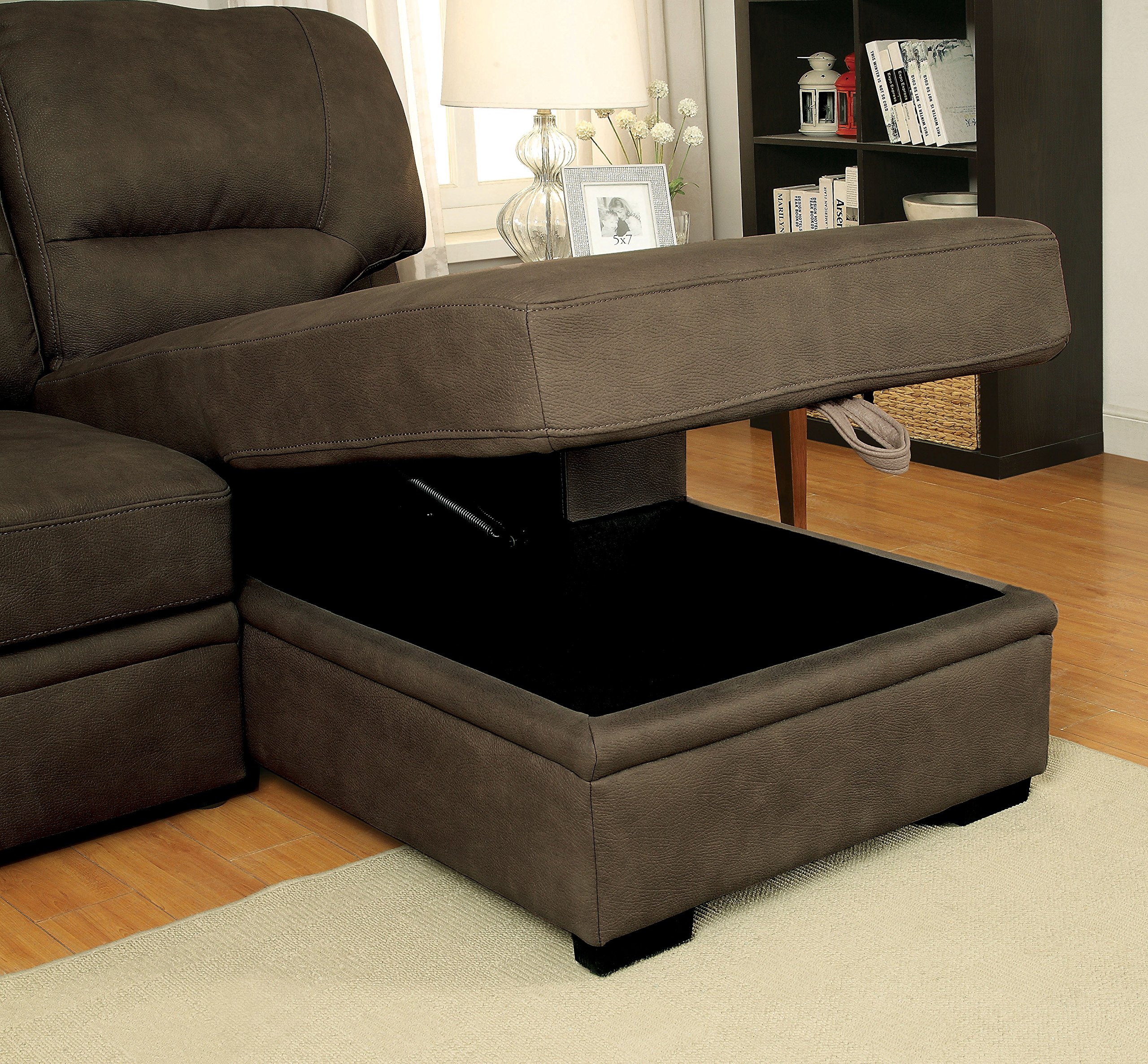 Canby Contemporary Sectional Sofa with Sleeper & Chaise in Ash Brown - Modern Living Room Furniture by Furniture of America | Perfect for Small Spaces, Apartments & Family Gatherings