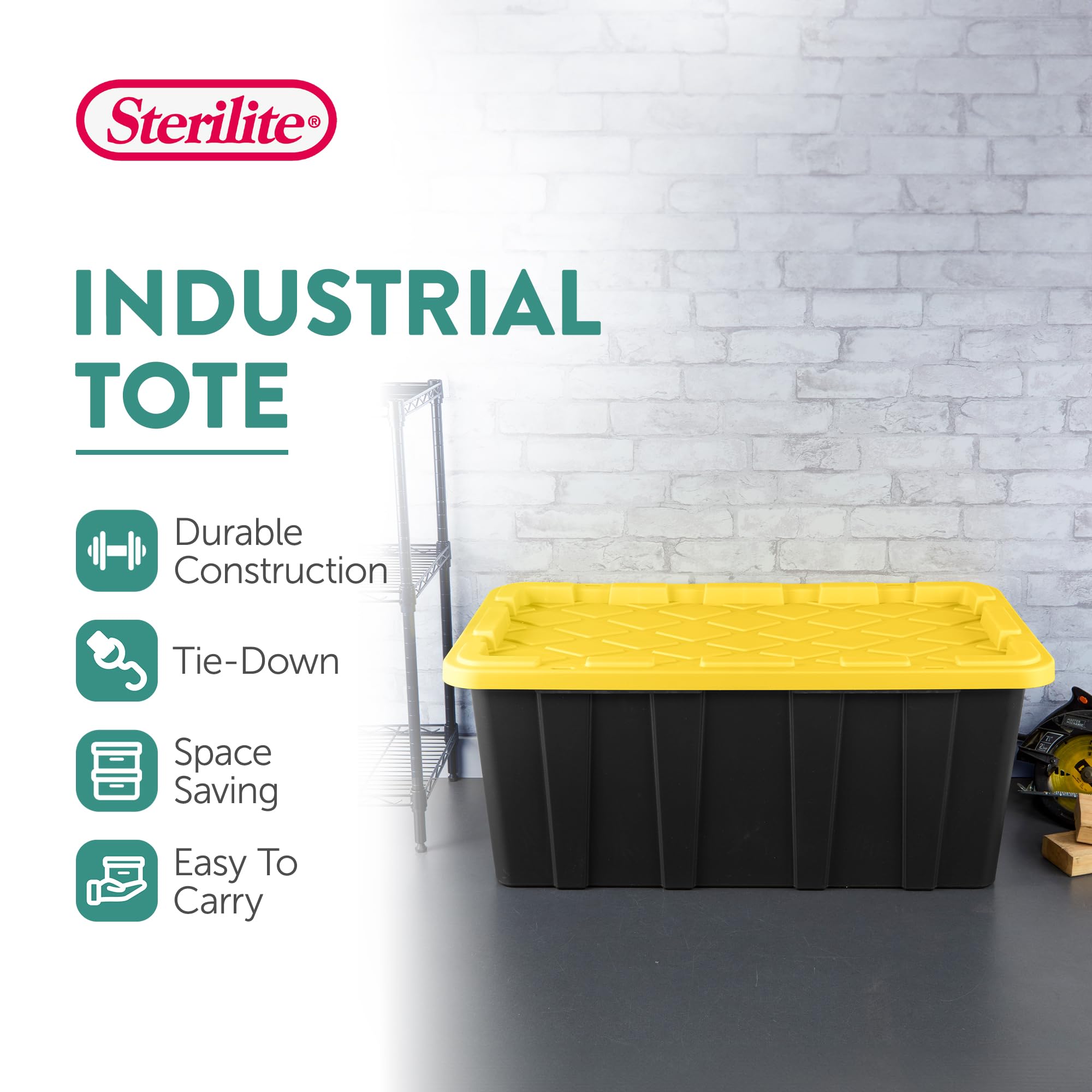 Sterilite 4-Pack 38 Gallon Heavy Duty Stackable Storage Bins with Lids - Black & Yellow - Perfect for Home Organization, Garage Storage, and Moving Supplies