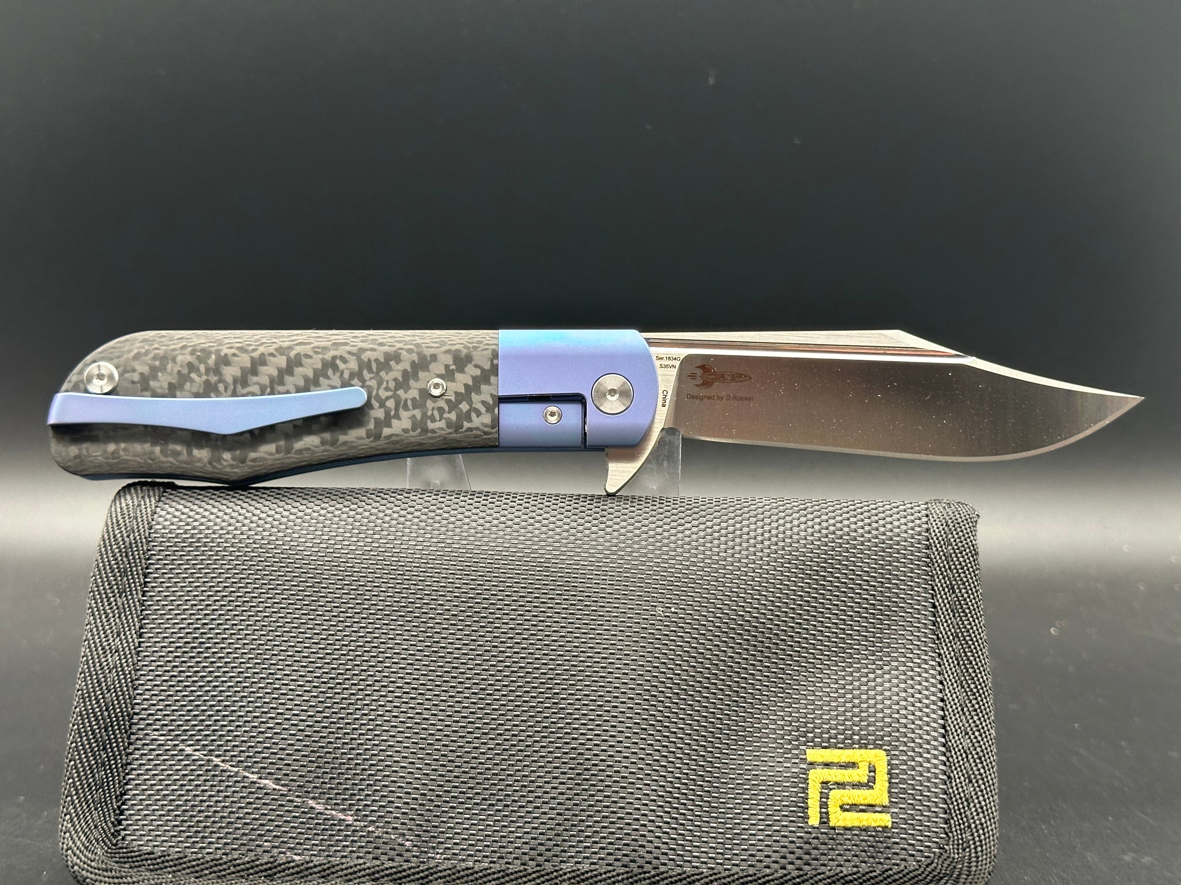 Artisan Cutlery D. Rocket Hyperion Frame Lock Knife - Carbon Fiber/Blue Titanium, Satin Finish (1834G) - EDC Pocket Knife for Outdoor, Camping & Everyday Carry