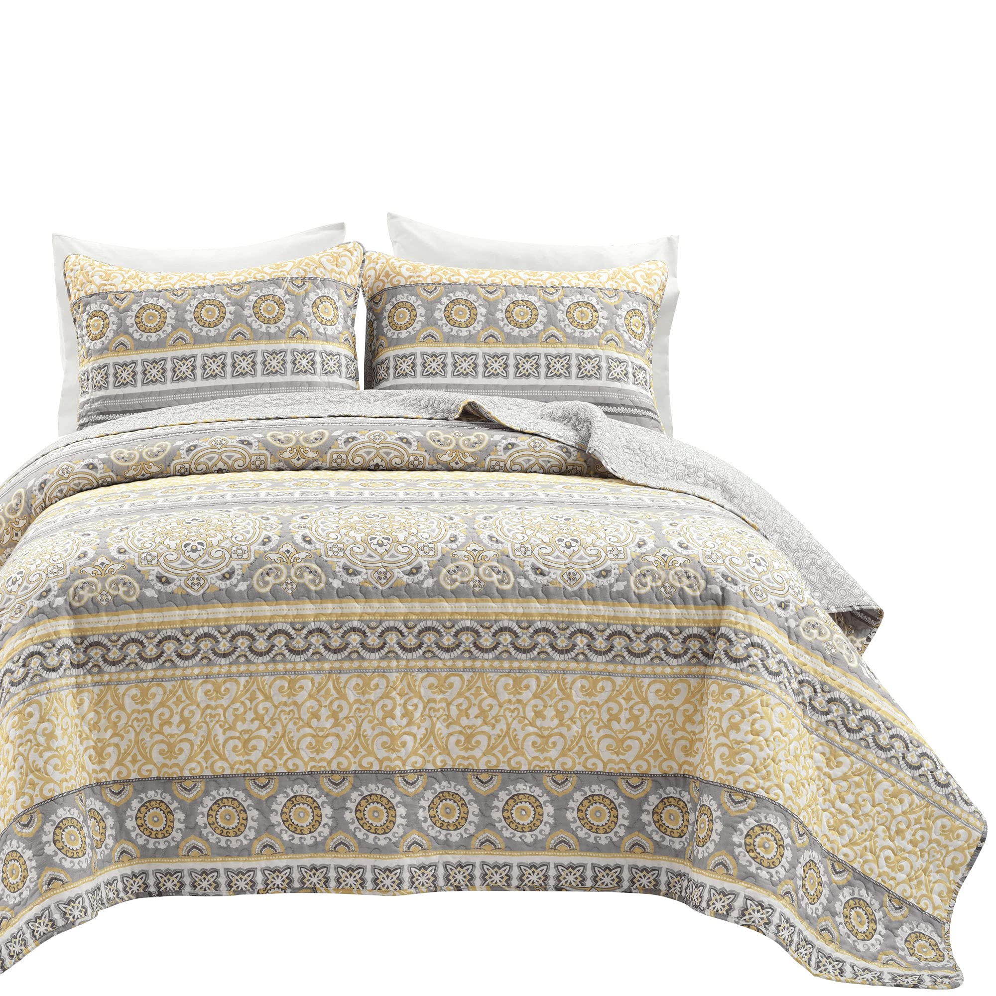 Lush Decor Nesco Reversible Quilt Set - King, Yellow & Gray for Cozy Bedroom