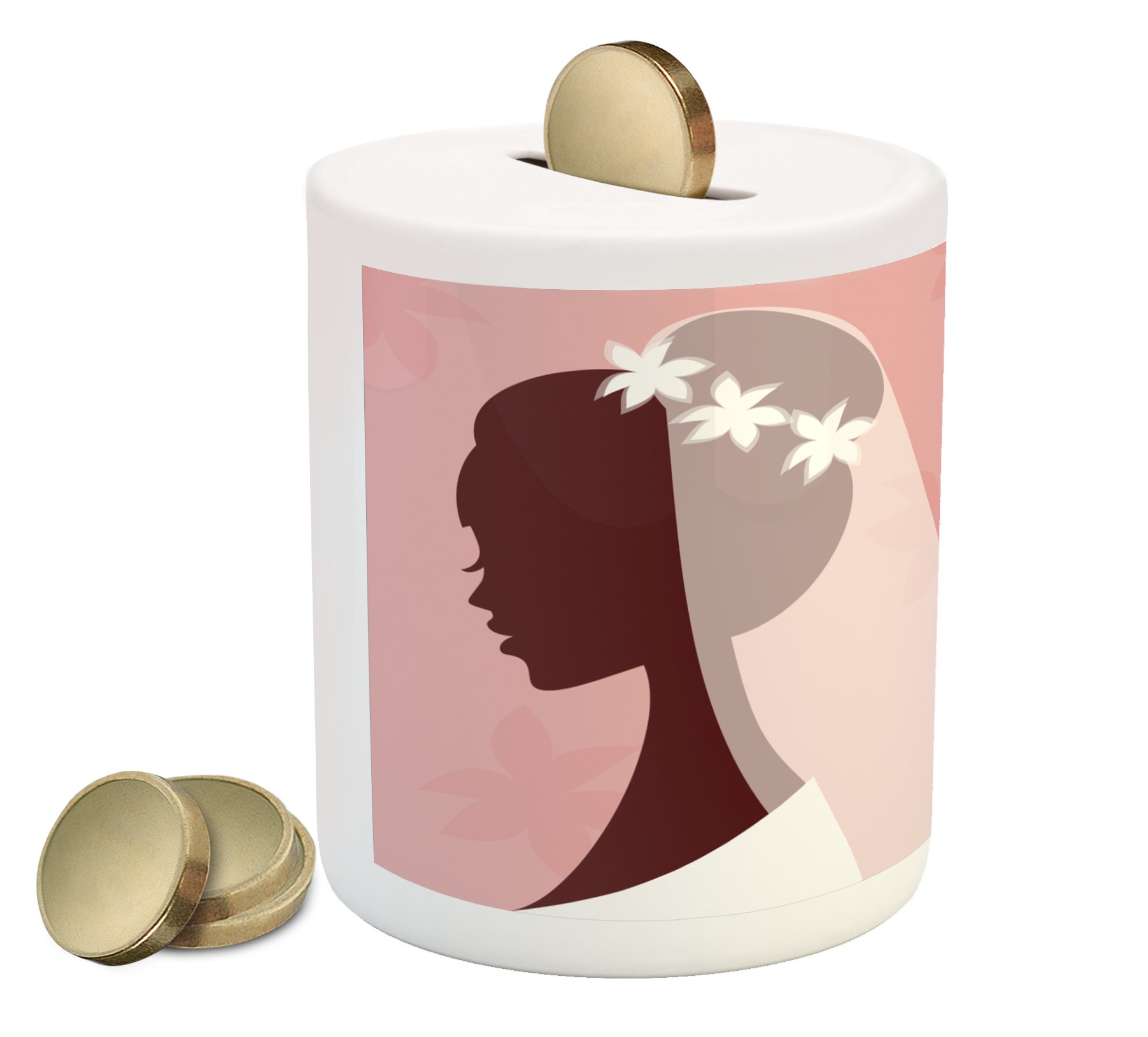Ambesonne Ceramic Piggy Bank - Bride in Wedding Dress with Veil on Pink Backdrop, Money Box for Cash Saving (Pale Pink & White) | Perfect Bridal Shower Gift, Wedding Party Favor & Savings Jar for Newlyweds