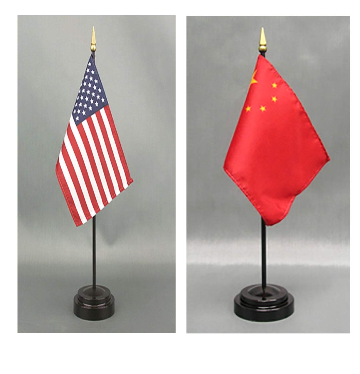 American Made Rayon 4x6 Inch Desk Flag Set - USA & China Mini Hand Waving Table Flags with 2 Stands | Perfect for Office Decor, Patriotic Displays & International Events