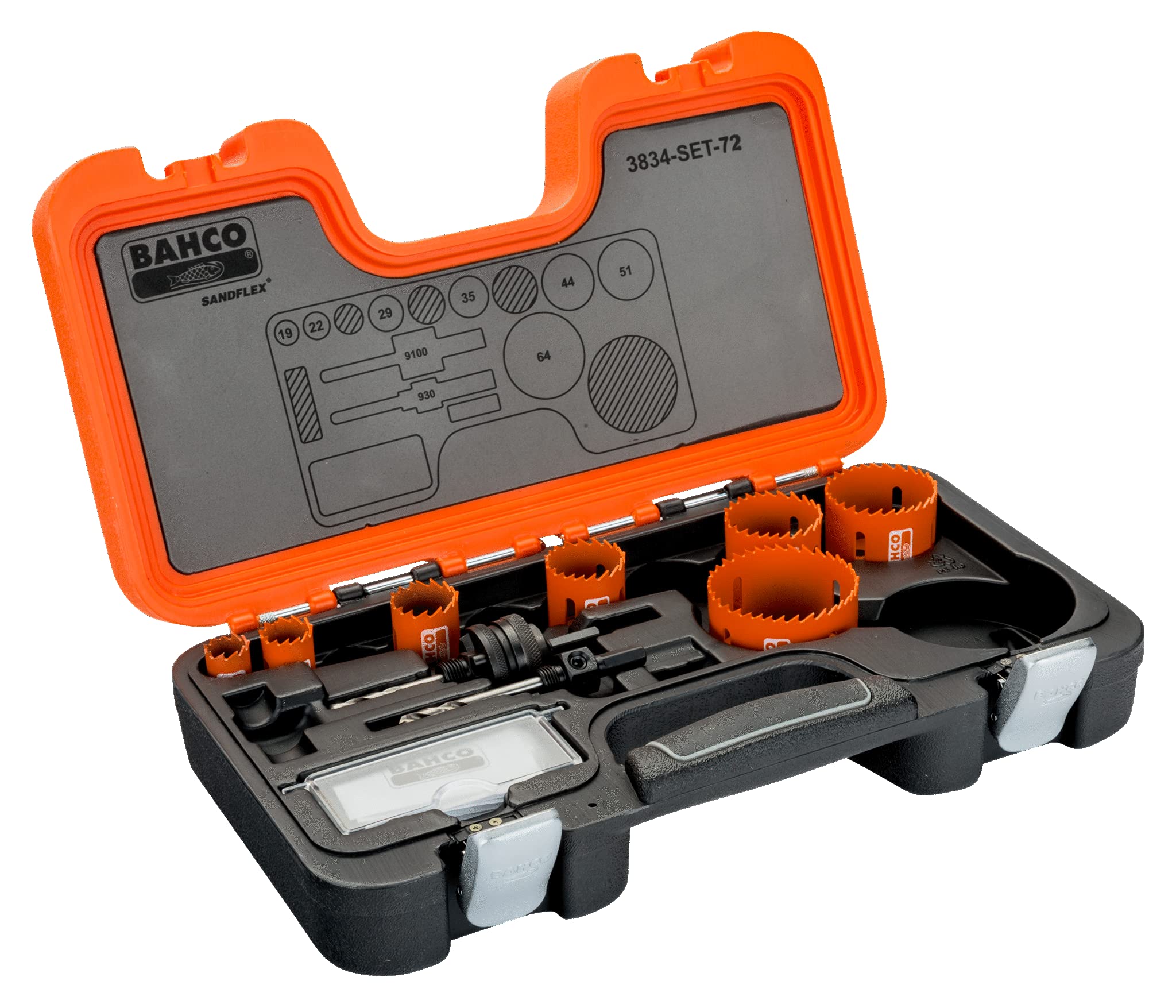 Bahco 3834-SET-72 BH3834-SET-72 Sand Flex Bi-Metal Hole Saw Set - 9 Piece (19-64mm) - Black/Orange - Ideal for Metal, Wood & Plastic Cutting - Perfect for DIY, Construction & Plumbing Projects