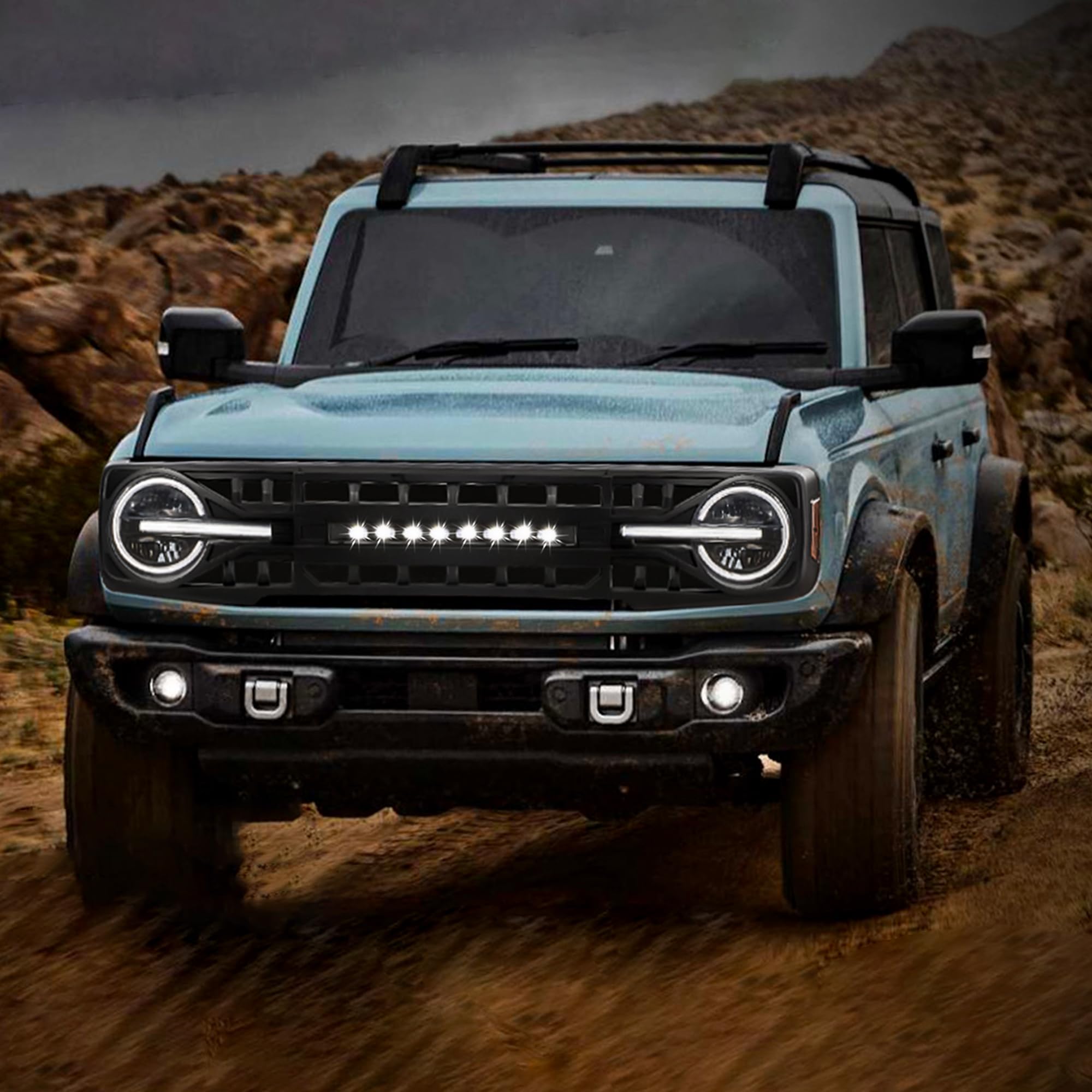 2021-2023 Ford Bronco Front Armor Grille Replacement | Matte Black Off-Road Bumper Grill with LED Light Mounts | Perfect for Off-Roading, Overlanding & Truck Customization