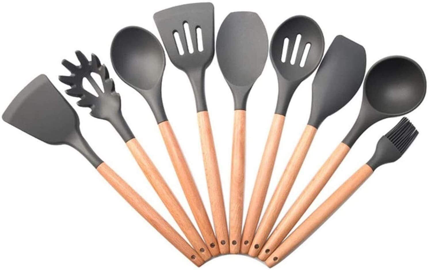 9-Piece Silicone Kitchen Utensil Set for Non-Stick Cookware - Wooden Handle Cooking Tools with Spatula, Spoon & Turner - Perfect for Baking, Frying & Everyday Cooking