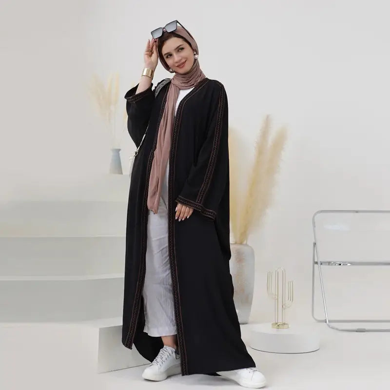 Elegant Embroidered Lace Cardigan Open Abaya Dress for Muslim Women - Modest Islamic Fashion for Prayer, Wedding & Special Occasions