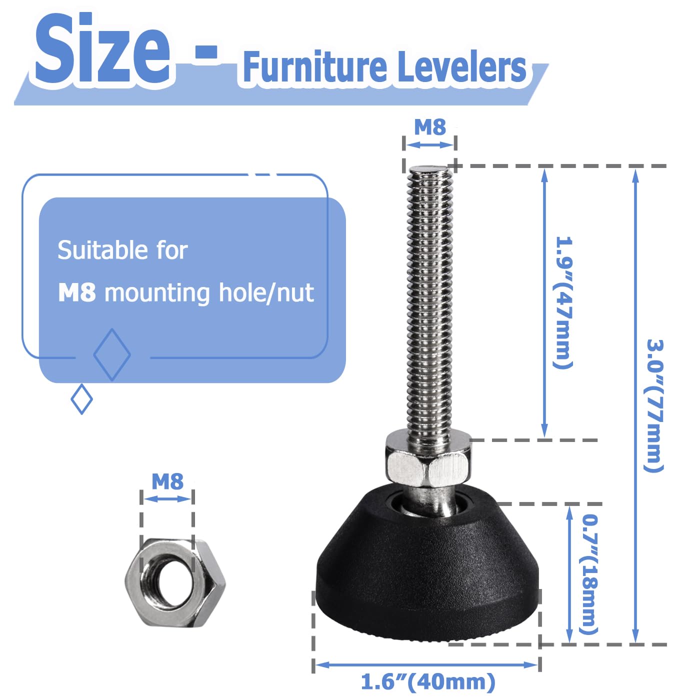 6 Pack M8 Swivel Leg Levelers - Adjustable Nylon Anti-Slip Furniture Leveling Feet for Tables, Chairs, Cabinets, Workbenches & Shelving | Heavy Duty Glide Leveler Set for Home Office & Workshop Stability