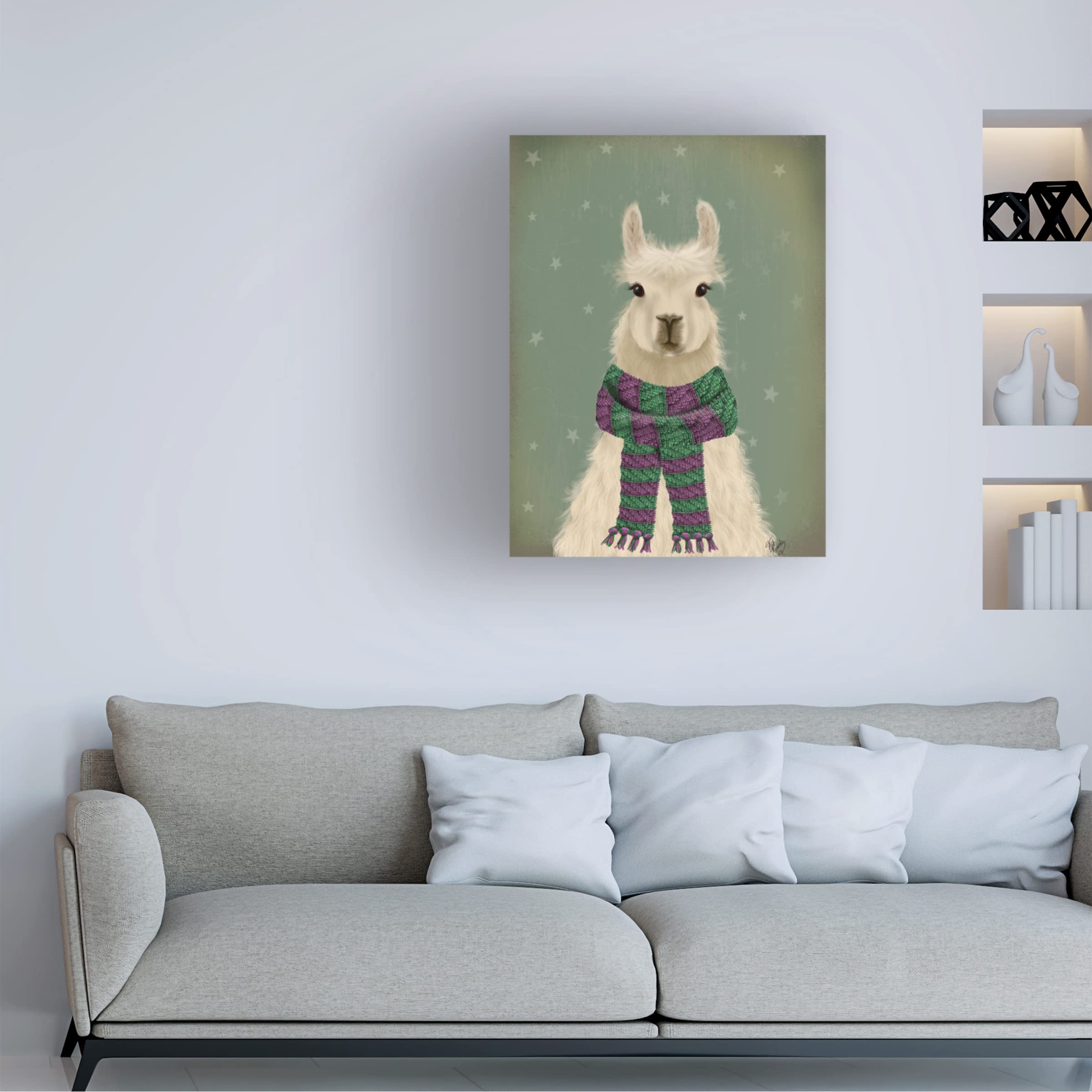 Fab Funky 'Llama with Purple Scarf' Canvas Wall Art Print - Modern Animal Portrait Painting for Living Room, Bedroom & Office Decor
