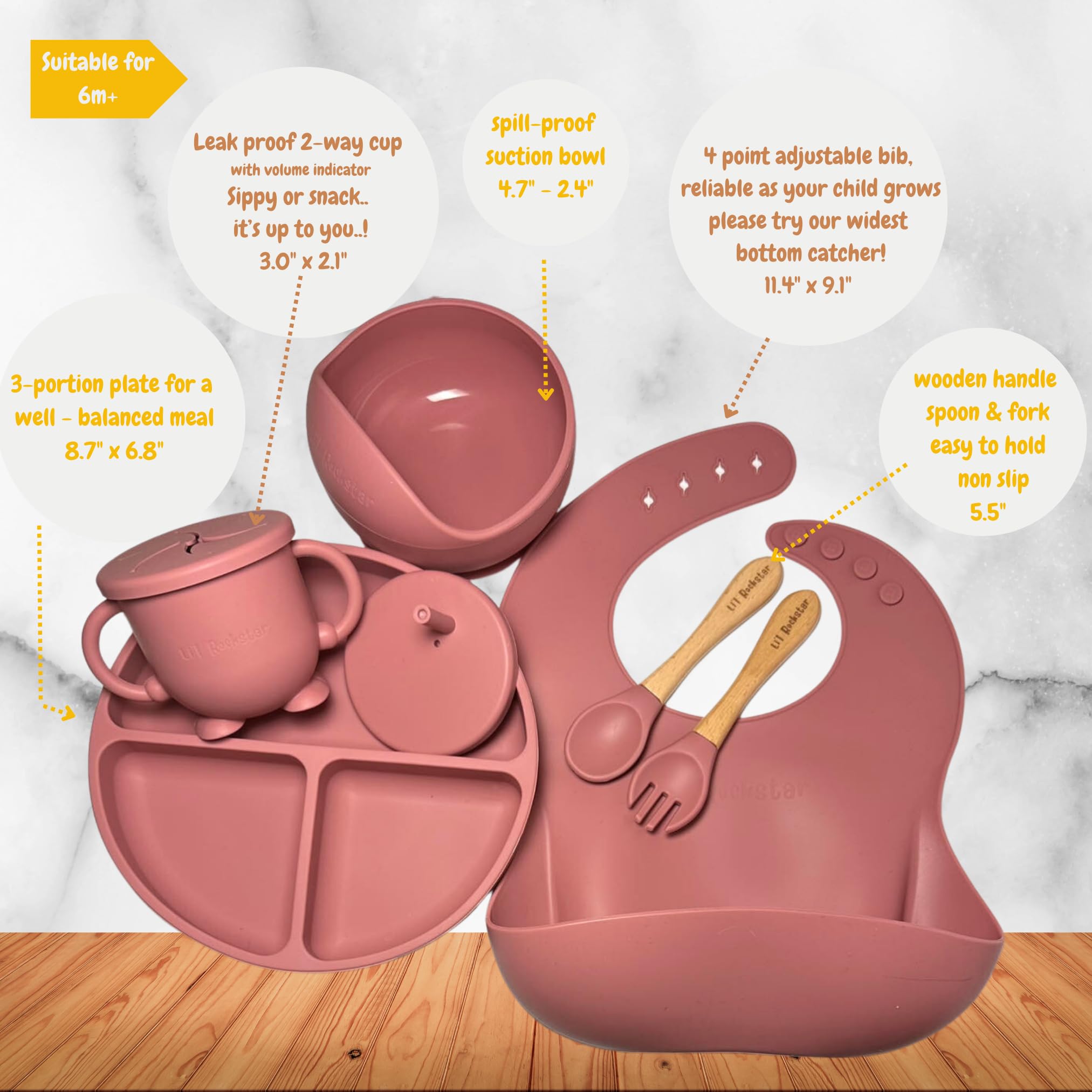 Li'l Rockstar Baby Led Weaning Supplies - Silicone Baby Feeding Set with Bibs, Suction Bowl, Divided Plate, Cup & Self-Feeding Spoons - Toddler Dish Set (Matte Pink) - Perfect for Mess-Free Mealtime & Early Self-Feeding Development