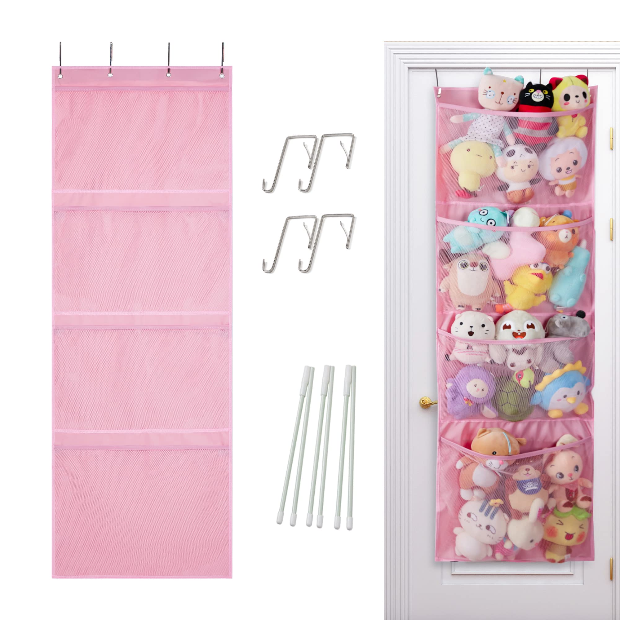 **Armorfish Over The Door Stuffed Animal Organizer - 4 Large Pockets Hanging Storage for Plush Toys, Baby Clothes & Closet Organization - Perfect for Kids' Rooms, Nurseries & Playrooms (Pink)**