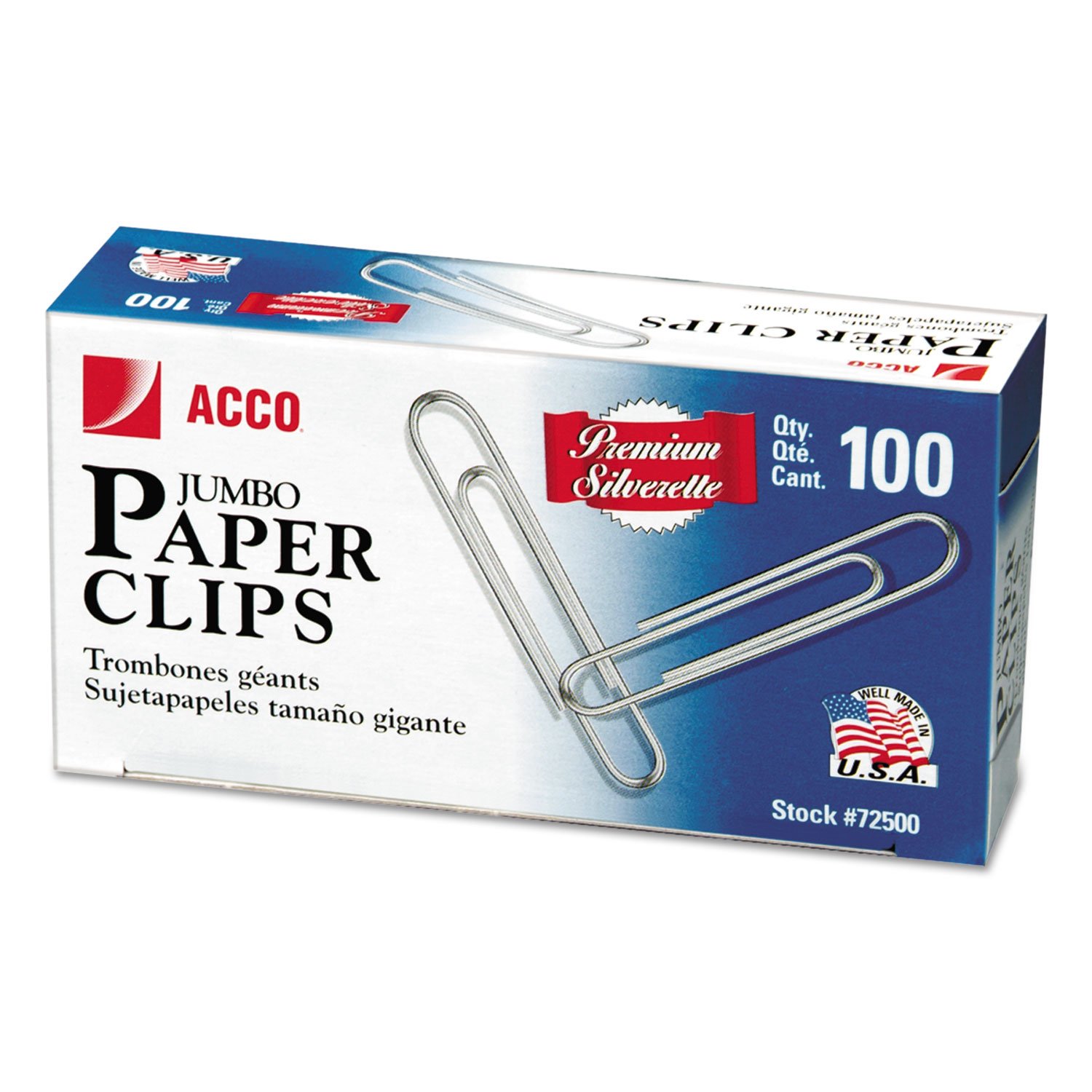 ACCO 72500 Premium Jumbo Paper Clips - Smooth Silver Clips (100 per Box, 10 Boxes per Pack) for Office, School, and Document Organization