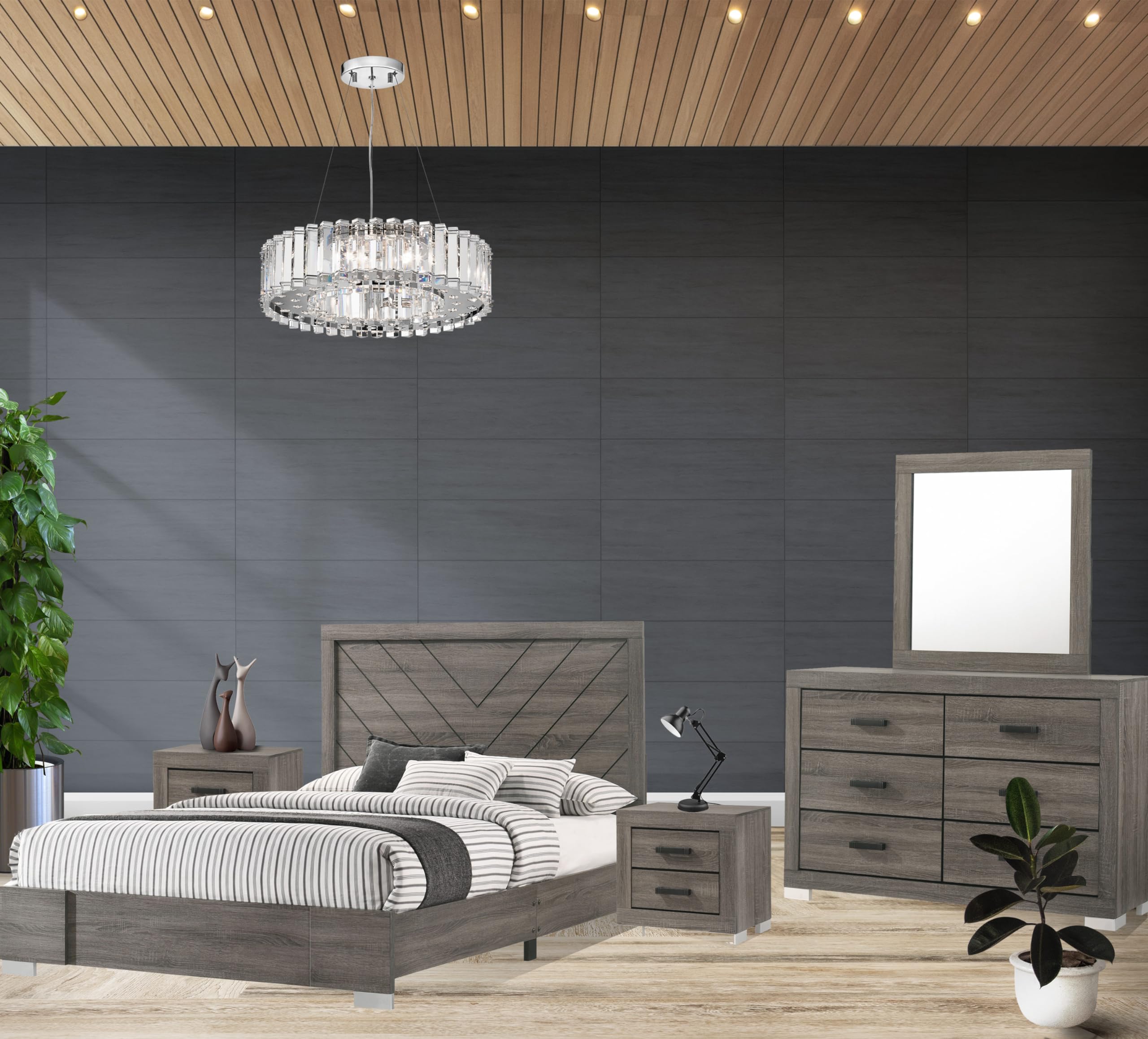 Kings Brand Furniture – Lorain 5-Piece King Size Gray Bedroom Set with Bed, Dresser, Mirror & 2 Nightstands – Modern Bedroom Furniture for Master Suite & Guest Room