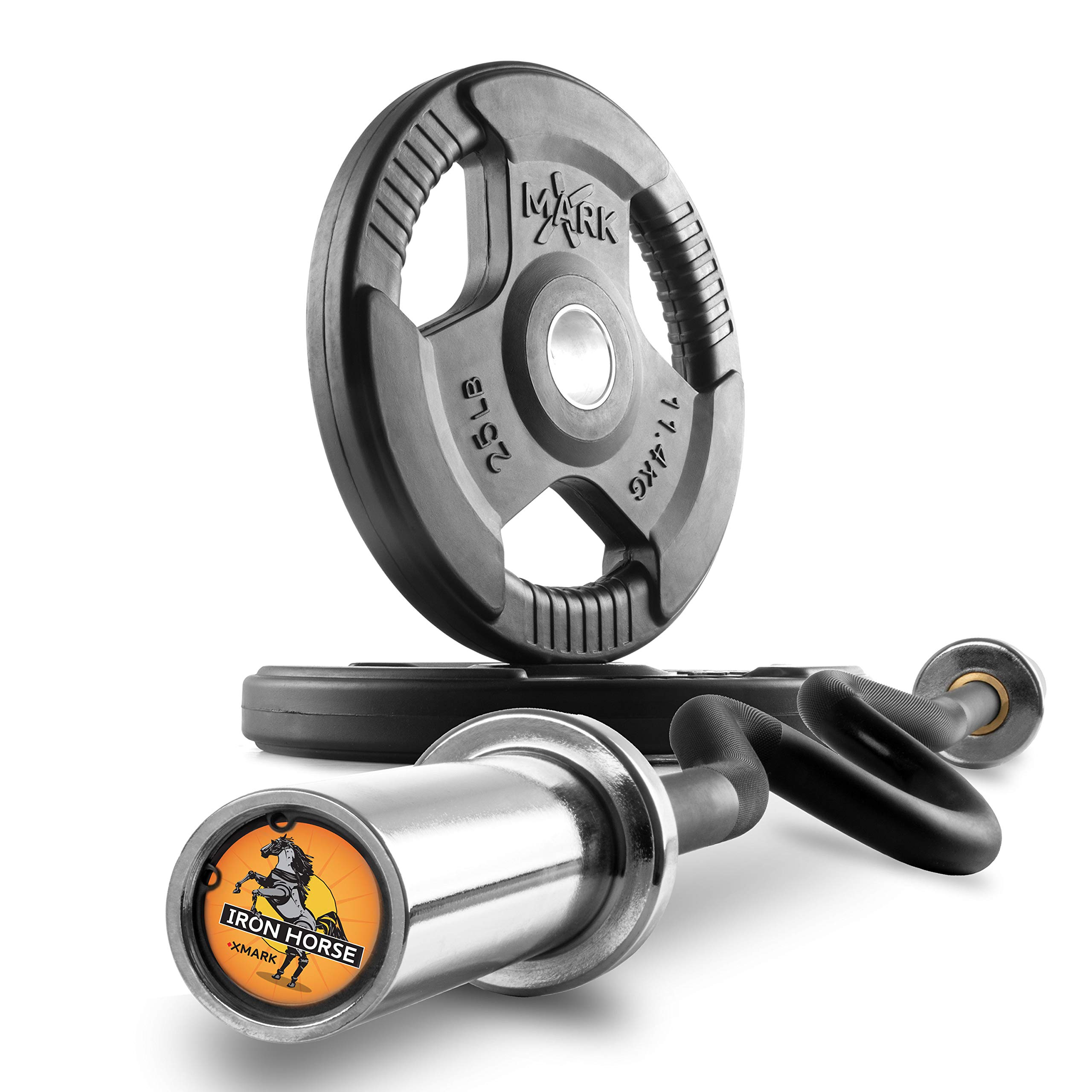 XMark Olympic Weight Set with EZ Super Curl Bar - 300lb Barbell Weight Plates & TRI-GRIP Ironhorse Curl Bar for Strength Training - Perfect for Home Gym, Bodybuilding, Bicep & Triceps Workouts