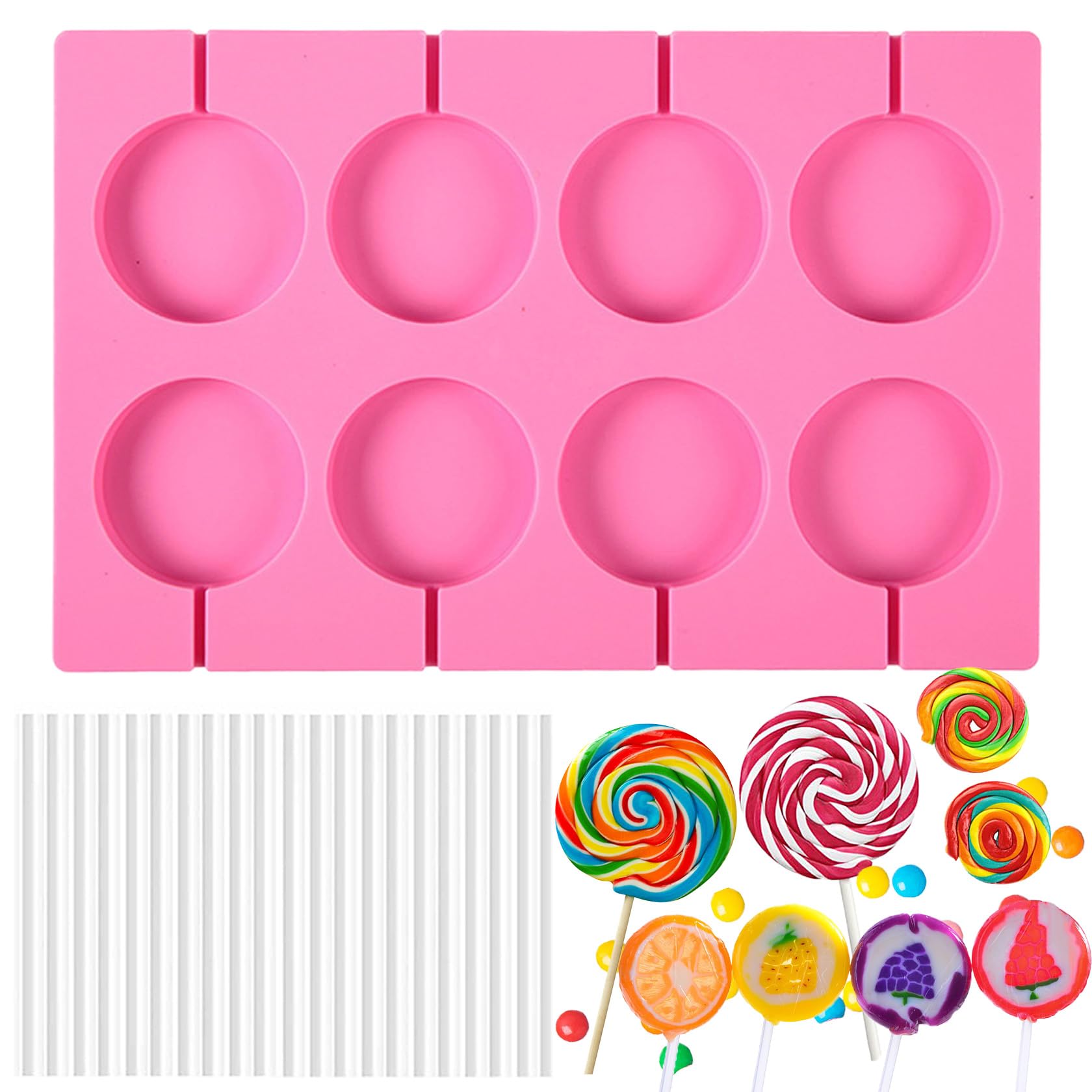 DuoZeng 8-Cavity Silicone Lollipop Molds for Hard Candy & Chocolate - Round Sucker Molds with Sticks - Perfect for DIY Candy Making, Birthday Parties, and Homemade Treats