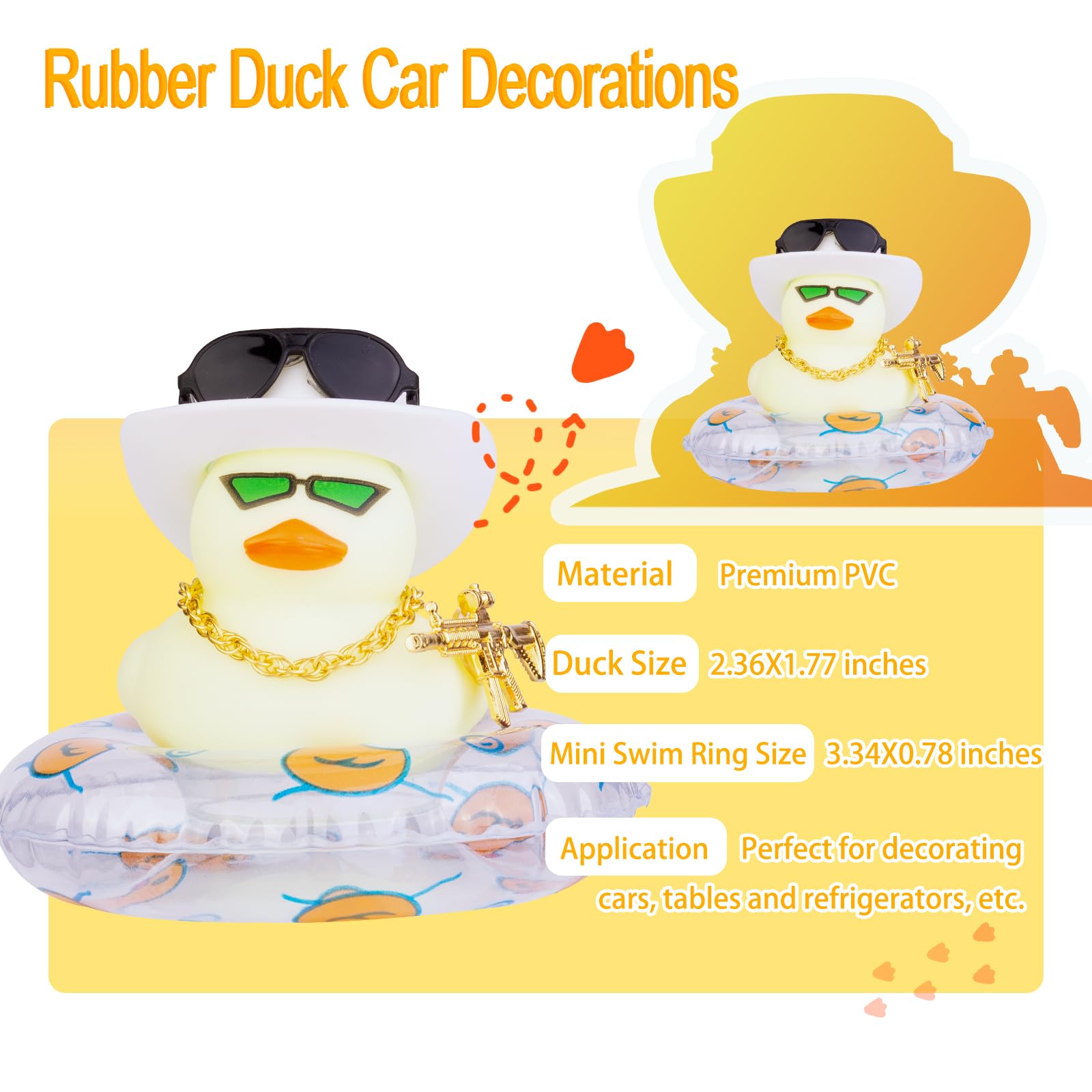 Vibrant Rubber Duck Car Dashboard Decor - Cute Duck Figurines with Mini Hat, Swim Ring, Necklace & Sunglasses - Fun Dashboard Accessories for Cars, Home & Office Decoration - Perfect Gift for Duck Lovers & Auto Enthusiasts