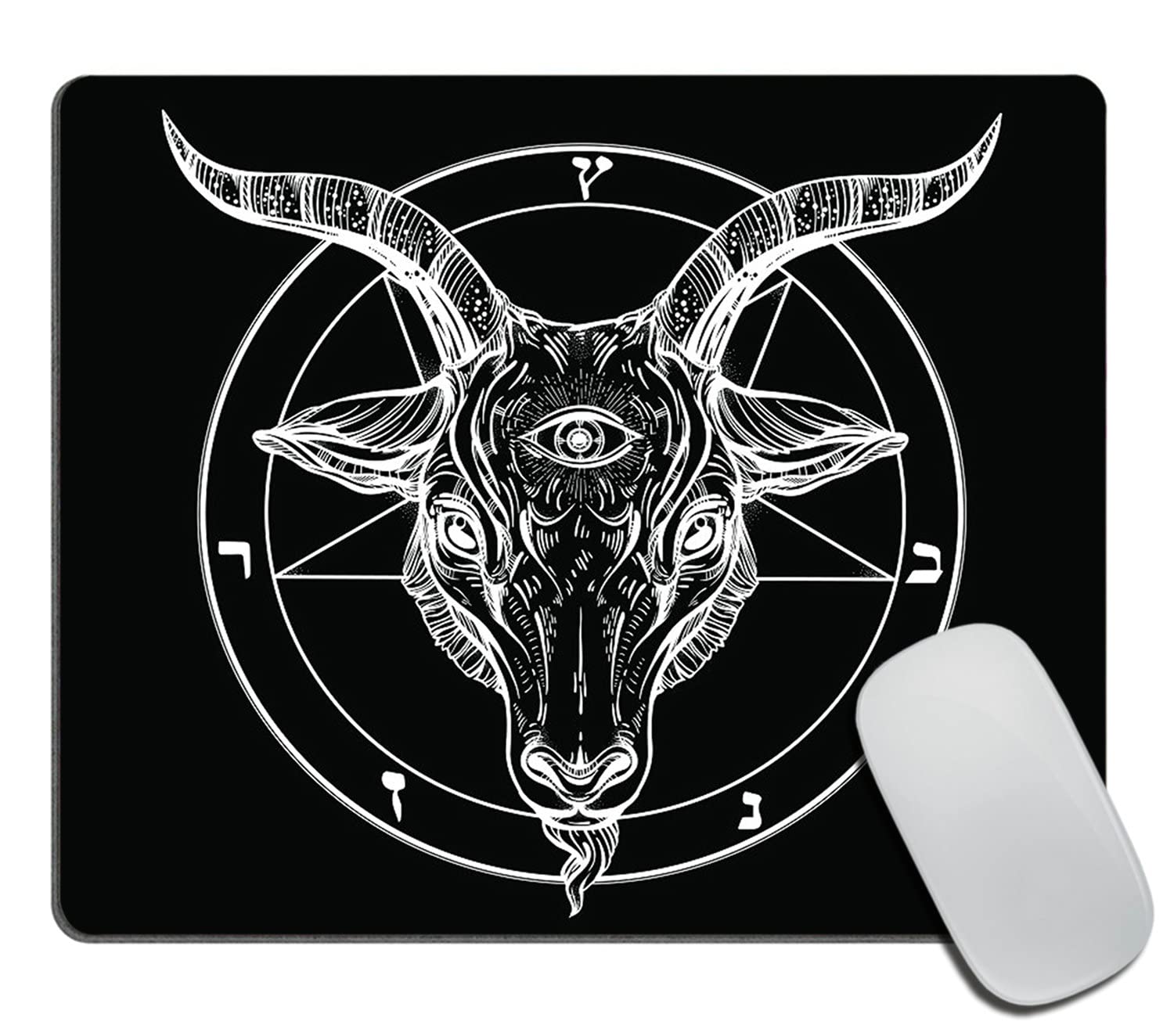 Non-Slip Rubber Base Mouse Pad with Pentagram & Demon Goat Head Binary Symbol - Retro Tattoo Design Square Mouse Mat for Office & Laptop (9.5