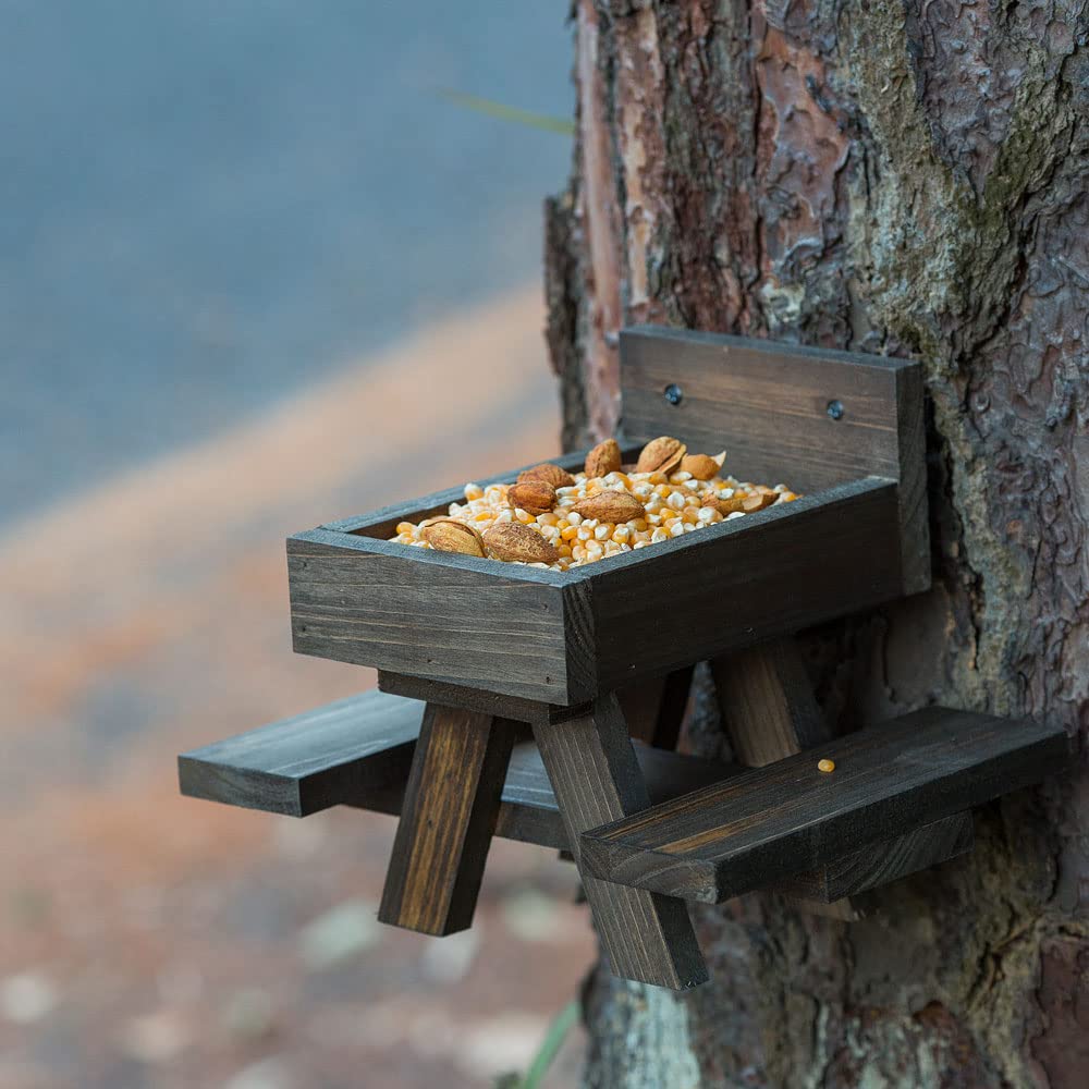 BalterFF Wooden Squirrel Feeder for Outdoor Yard - Funny Peanut Holder for Garden Decor, Picnic Table & Chipmunk Bench - Perfect Gift for Squirrel Lovers (Use in Backyard, Park or Camping Areas)