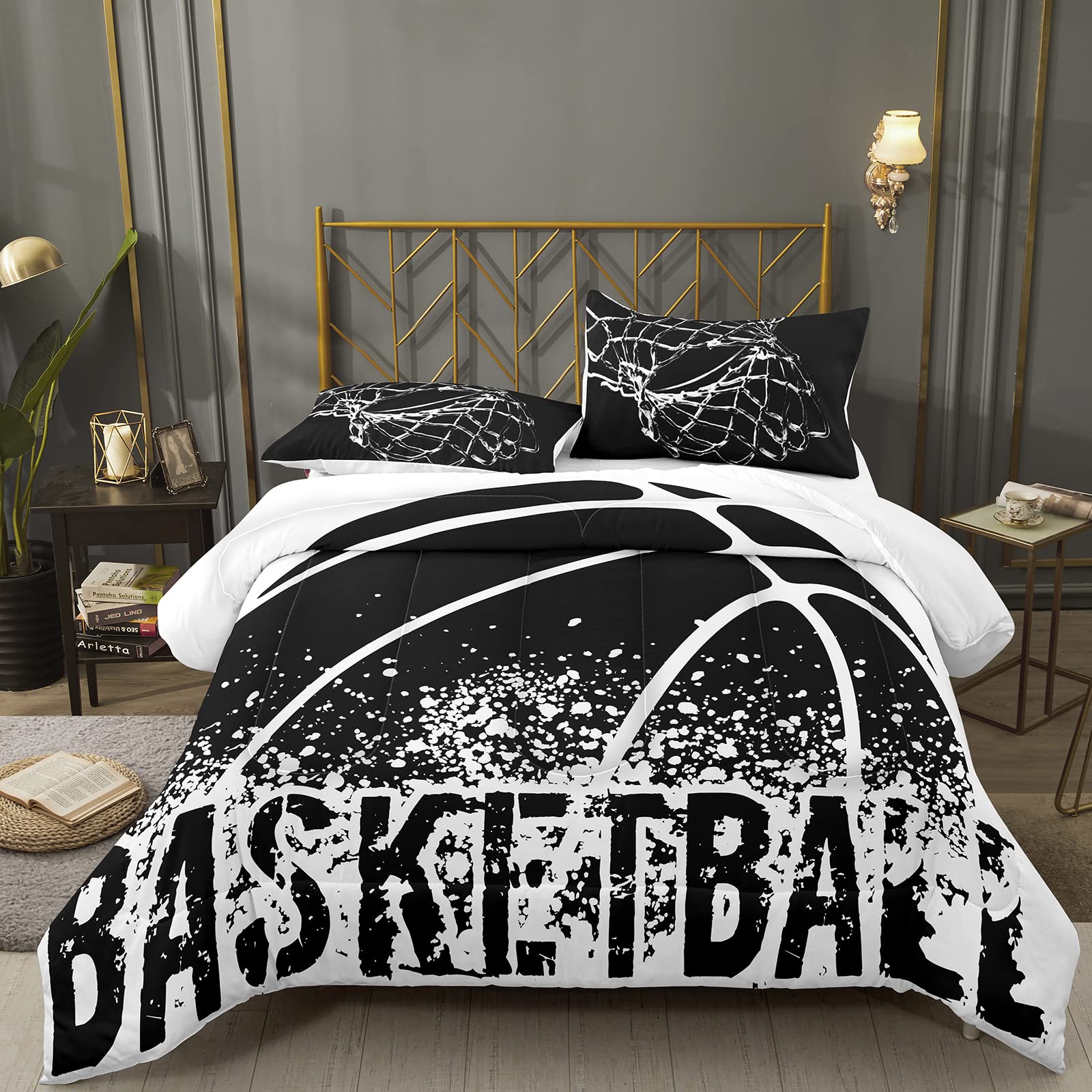 Basketball Print Comforter Set King Size - Black and White 3-Piece Bedding with 2 Pillowcases for Kids, Teens & Boys | Perfect for Sports-Themed Bedrooms, Dorm Rooms & Gift Ideas